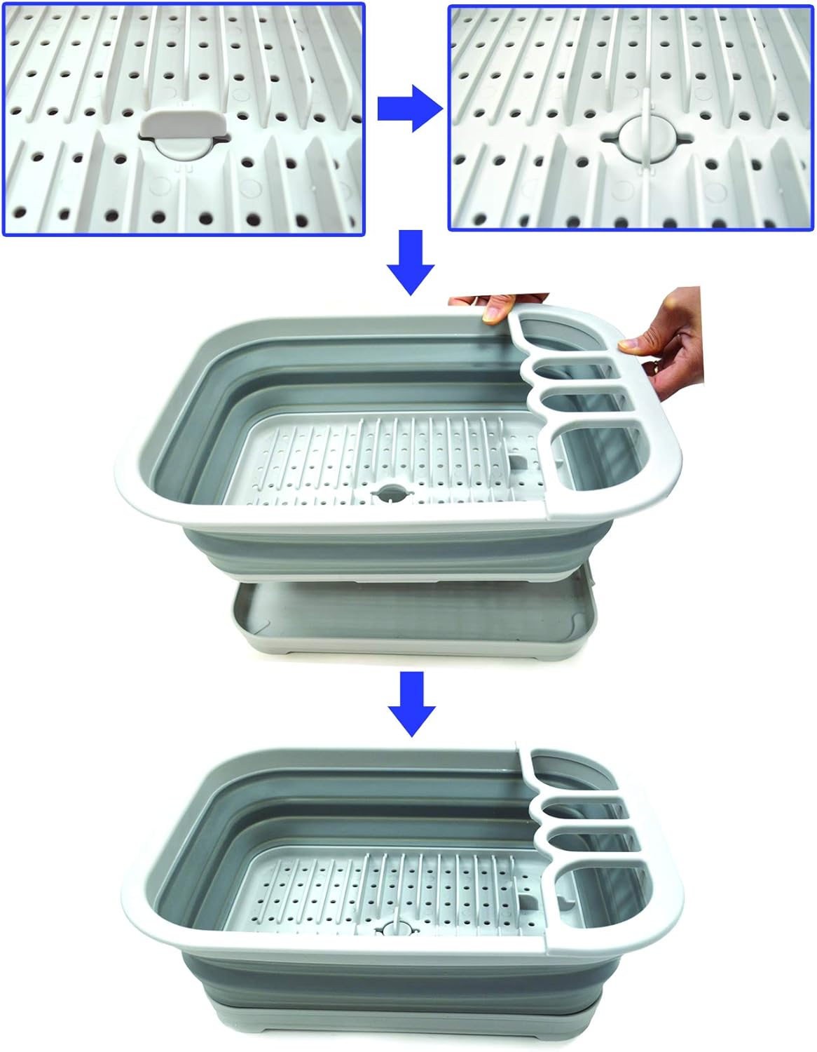 SAMMART Juego de 2 piezas de cocina y exterior escurridor de platos plegable con tablero escurridor y bañera de plástico plegable (2, gris)