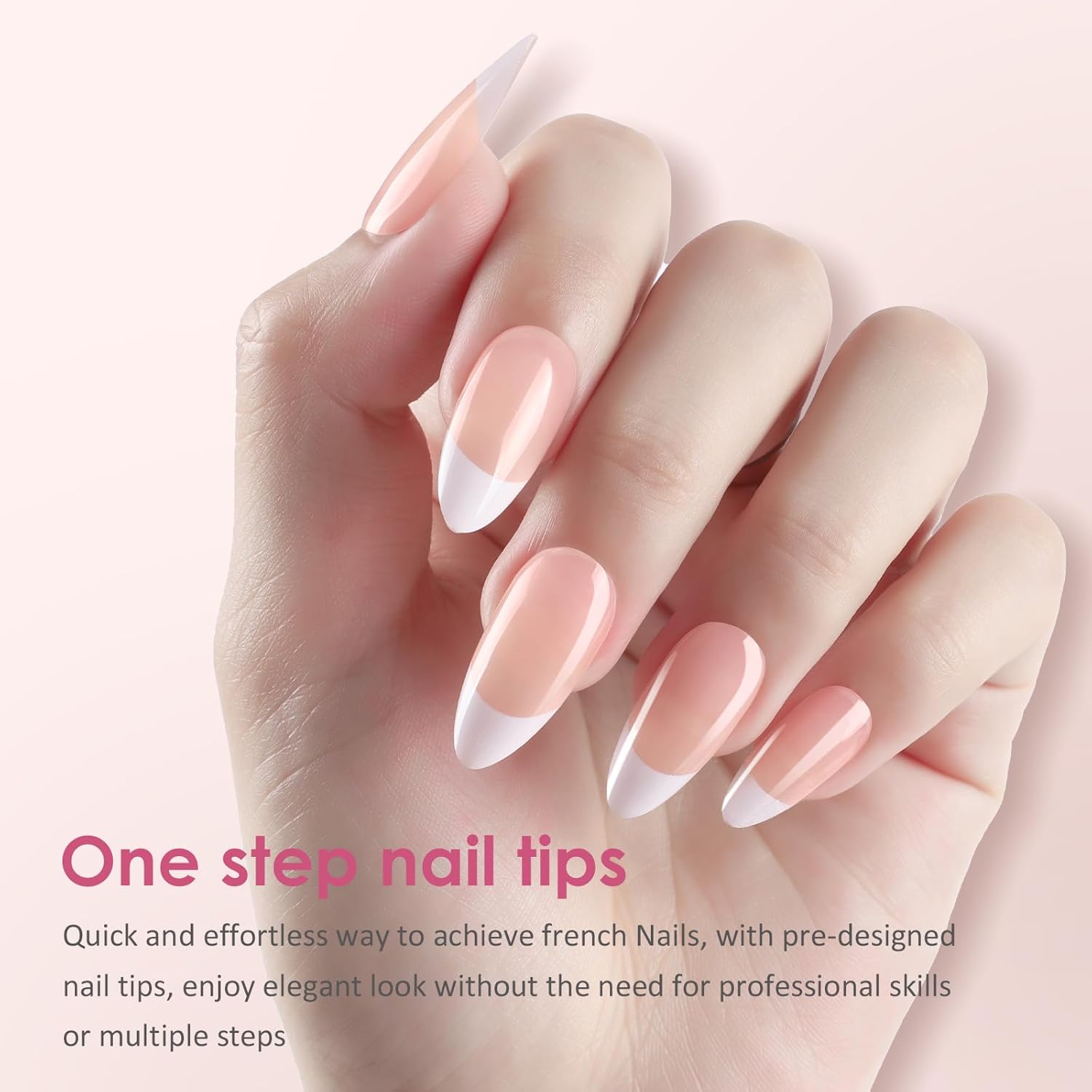 Wellquinn Uñas postizas a presión de punta francesa, puntas de uñas de gel suave de almendra, uñas postizas cortas de bailarina francesa desnuda,