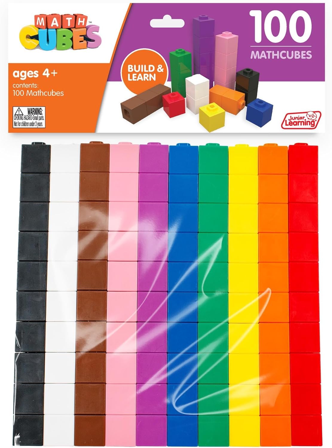 Junior Learning 100 Mathcubes – Paquete de 100 cubos multicolores, construye y aprende, aprendizaje y desarrollo práctico de matemáticas, niños a