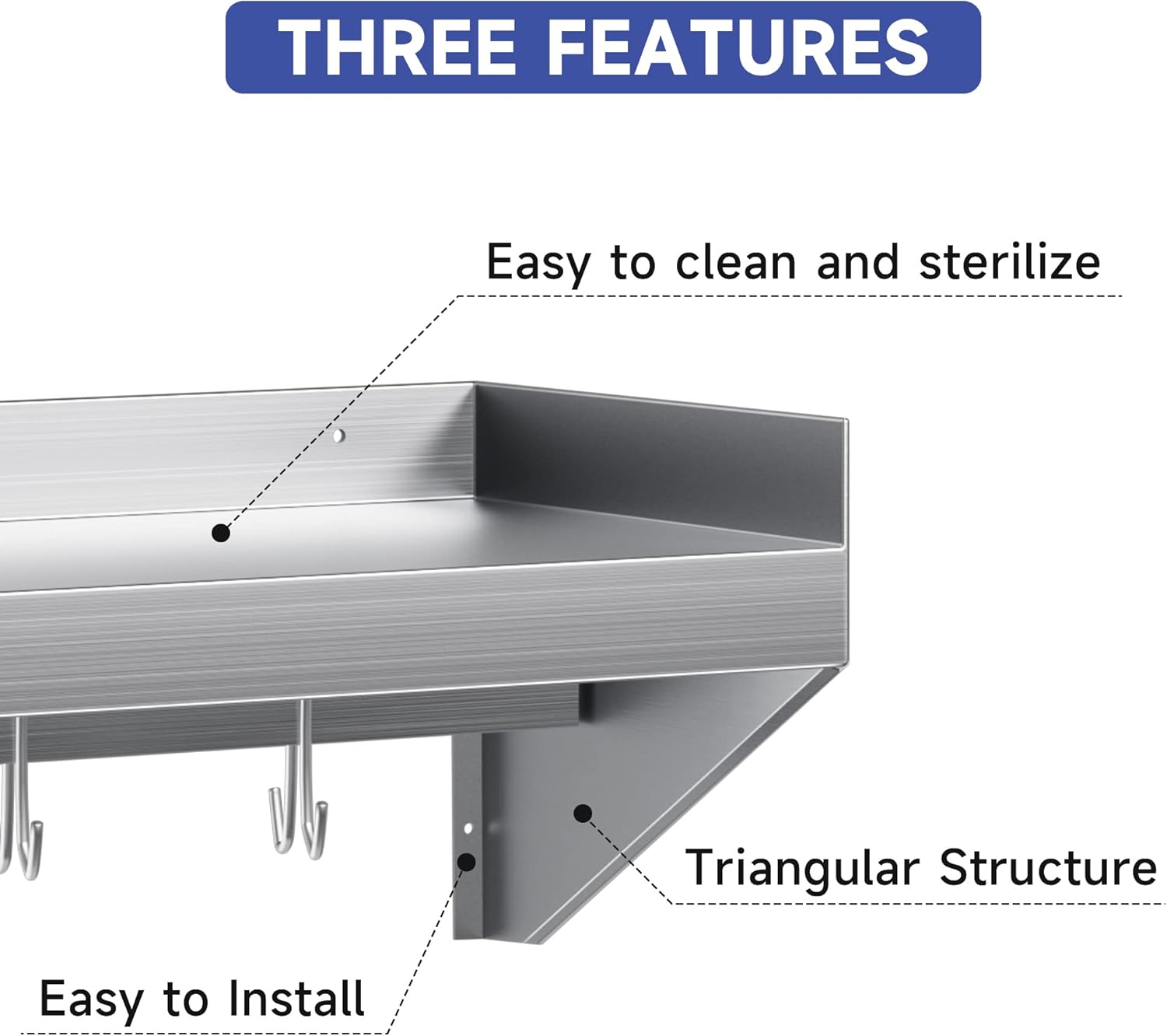 Estante de acero inoxidable, estante de metal de 24 x 12 pulgadas, estante flotante de acero inoxidable montado en la pared con 5 ganchos para