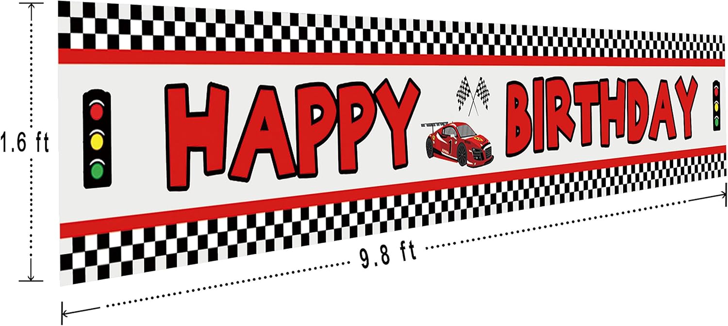 Lager – Cartel de feliz cumpleaños de coche de carreras, decoración de suministros de fiesta temática de carreras rojas, bandera a cuadros Let’s Go