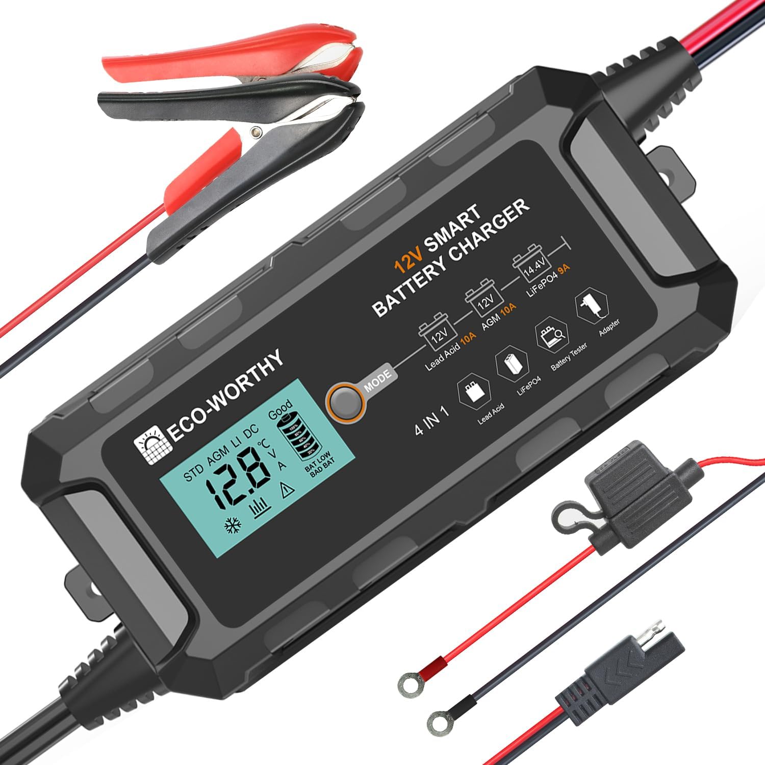 ECO-WORTHY 10-Amp 12V Smart Fully Automatic Battery Charger Maintainer Trickle Charger for Lead Acid LiFePO4 Battery Car Motorcycle Marine