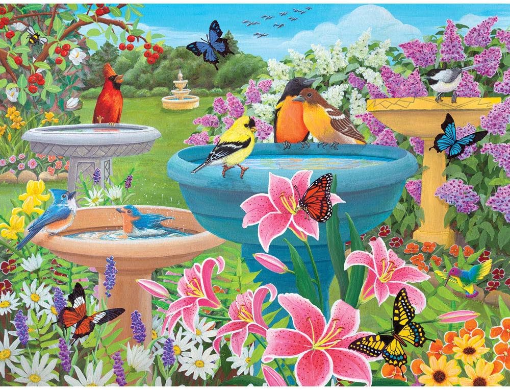 Bits and Pieces – Rompecabezas de 300 piezas para adultos de 18 x 24 pulgadas – Birdbath Haven – Rompecabezas de 300 piezas de mariposa y flores,