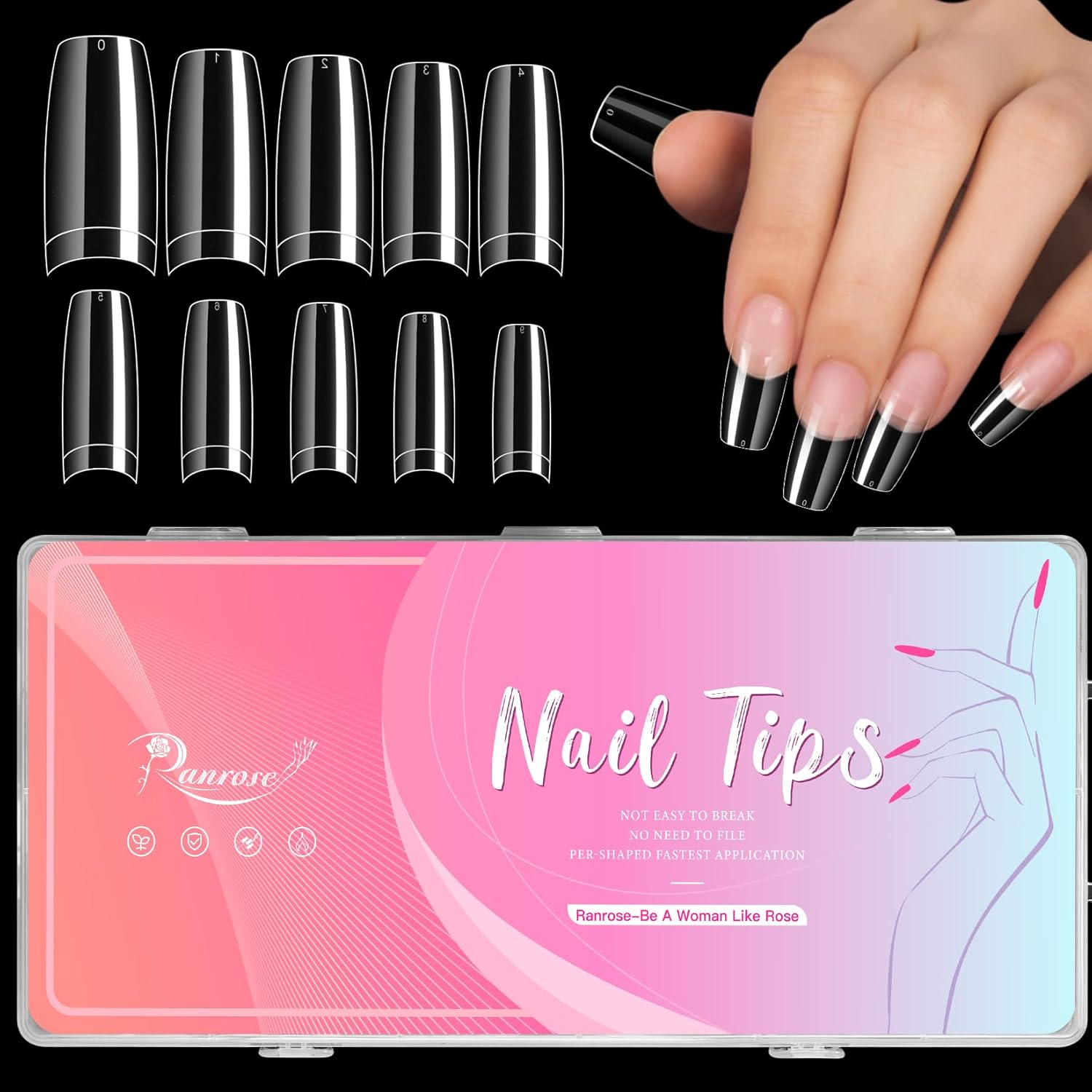 Ranrose Uñas postizas transparentes de punta francesa  500 uñas postizas medianas de media cubierta con caja, 10 tamaños de uñas de gel X para
