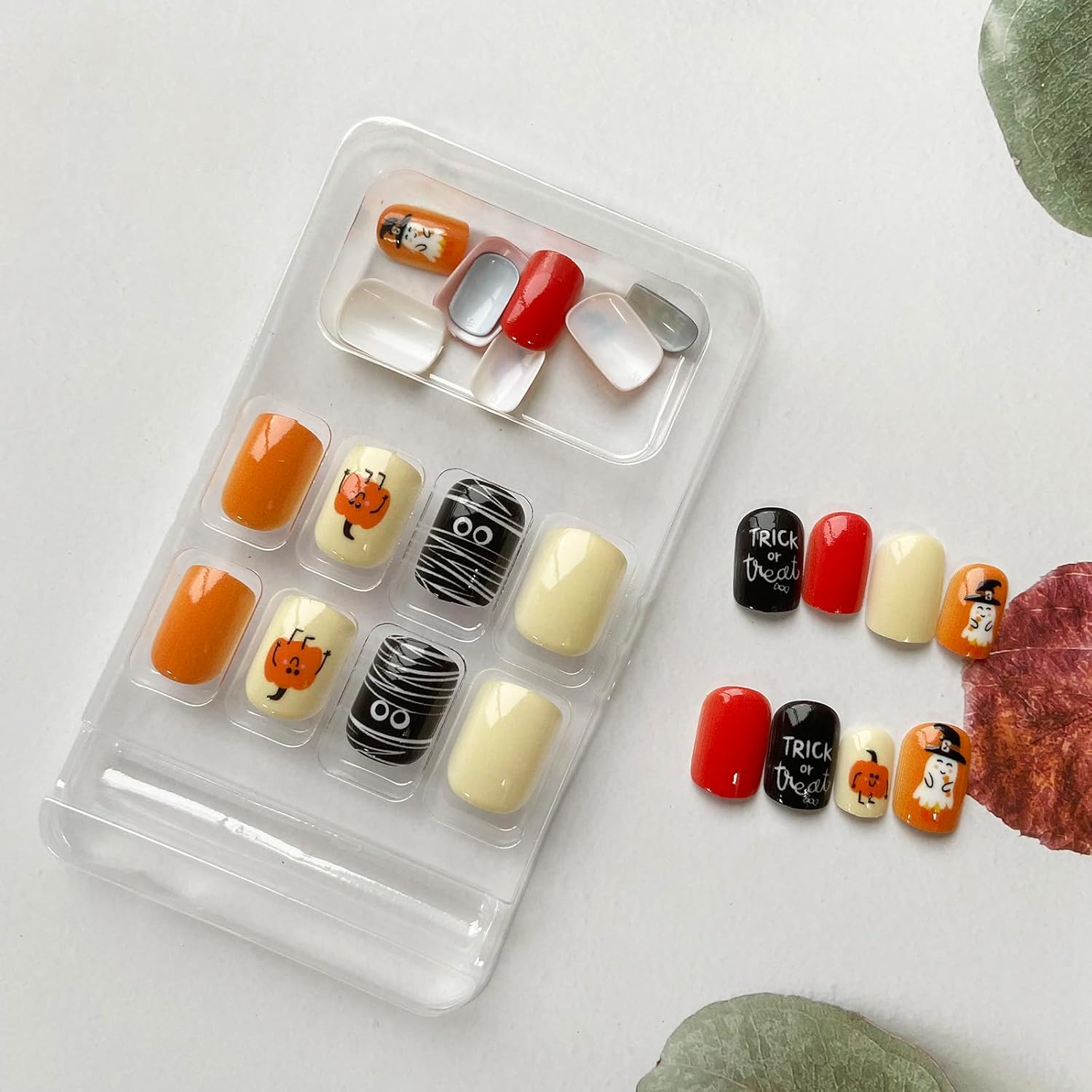 24 uñas postizas cortas cuadradas para Halloween, color naranja, negro, calabaza, fantasma, uñas acrílicas artificiales con pegamento, uñas