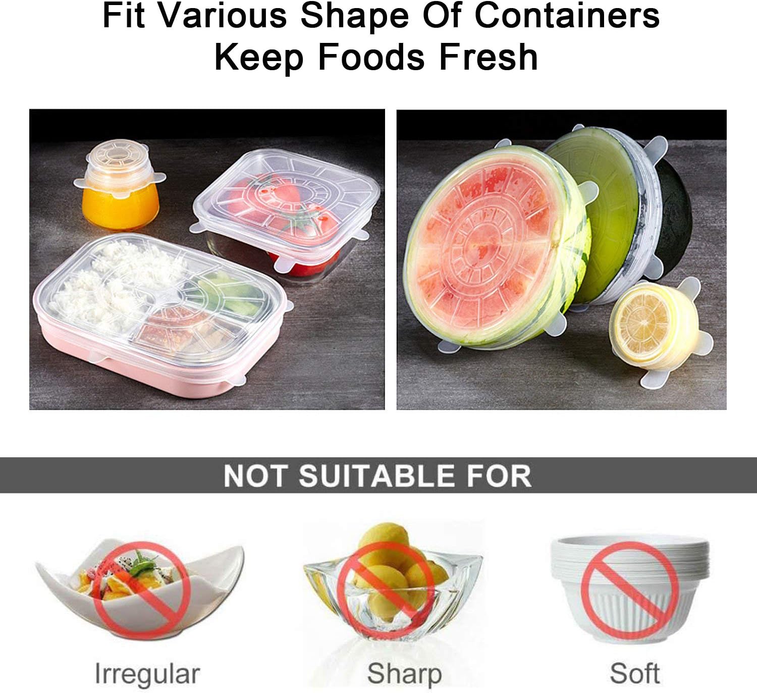 Tapas elásticas de silicona, paquete de 6, fundas de almacenamiento de silicona reutilizables de varios tamaños para cuencos, latas, tarros,