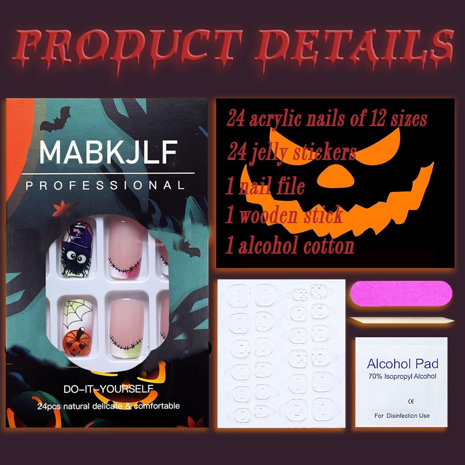Uñas postizas a presión de Halloween, cuadradas, medianas, con punta francesa, degradado, cobertura completa, tela de araña, calabaza, con diseños