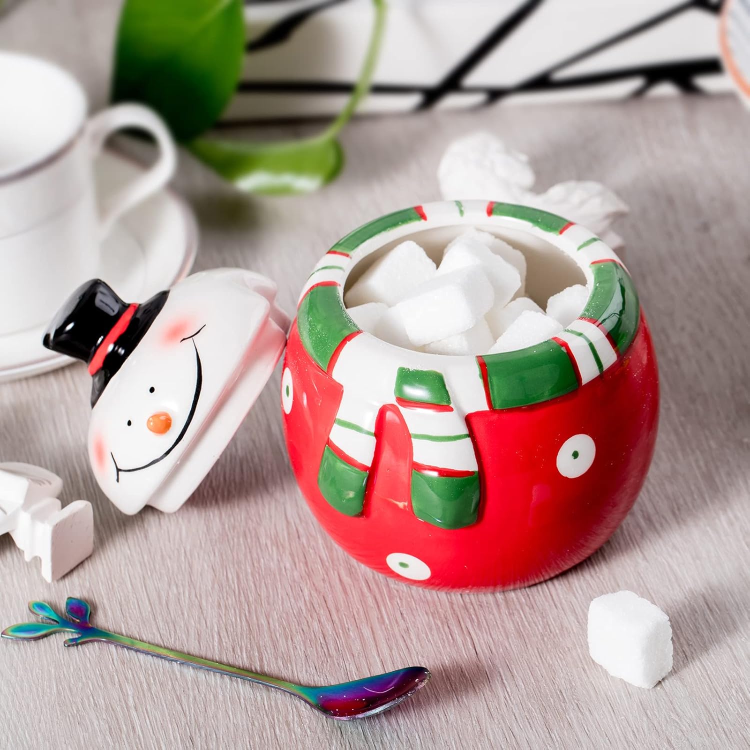 Azucarero de cerámica con tapa y cuchara, elegante recipiente para azúcar con bonito diseño de muñeco de nieve navideño, decoraciones navideñas,