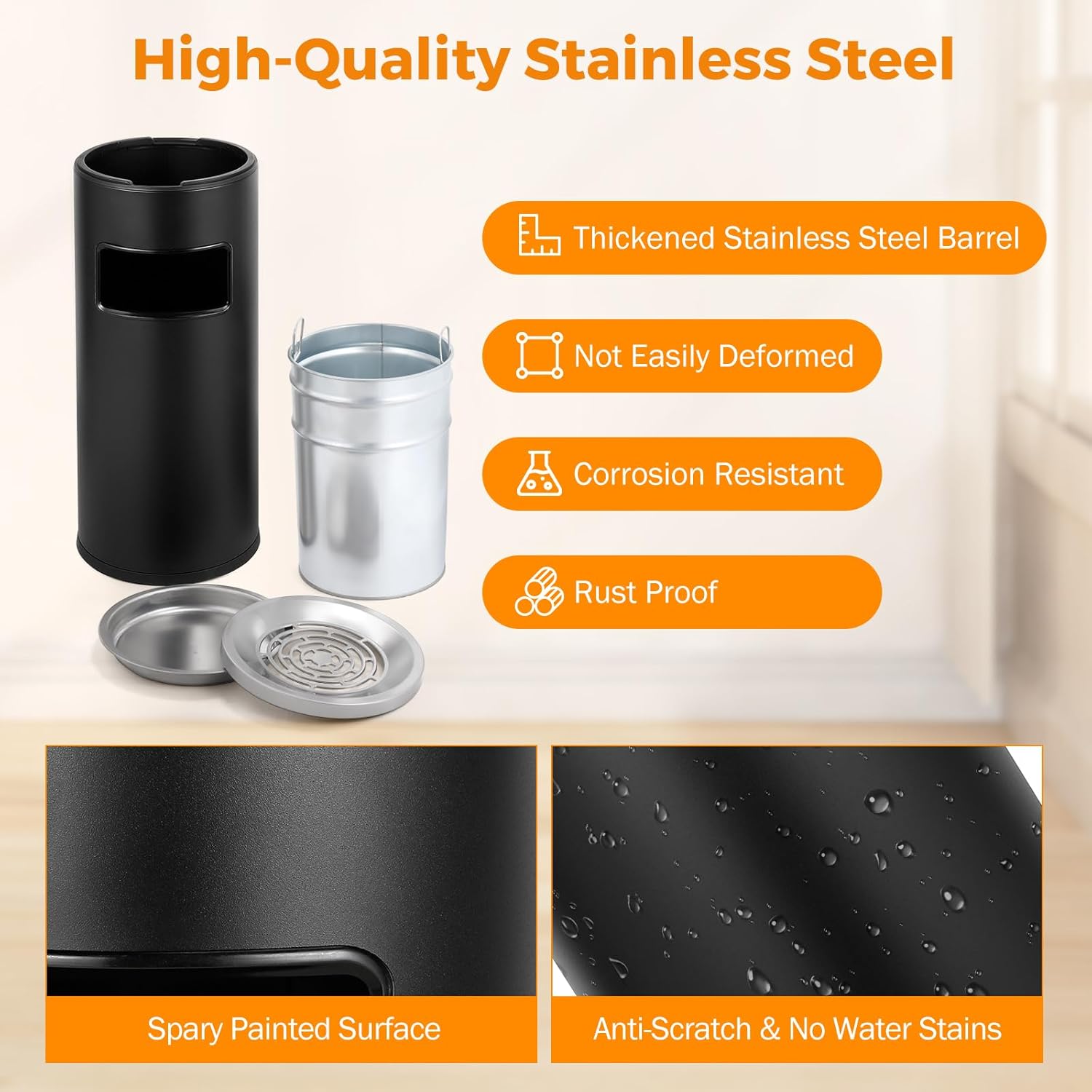 BEAMNOVA Bote de basura al aire libre con tapa, contenedor de basura comercial negro de acero inoxidable para patio, garaje interior, contenedor de