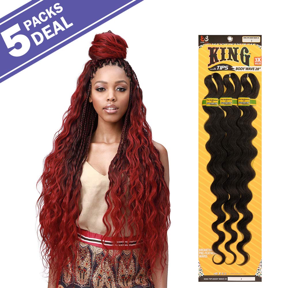 Bobbi Boss – Trenzas de pelo sintético preemplumadas, 3 puntas King onduladas, 28 pulgadas (paquete de 5, 2)