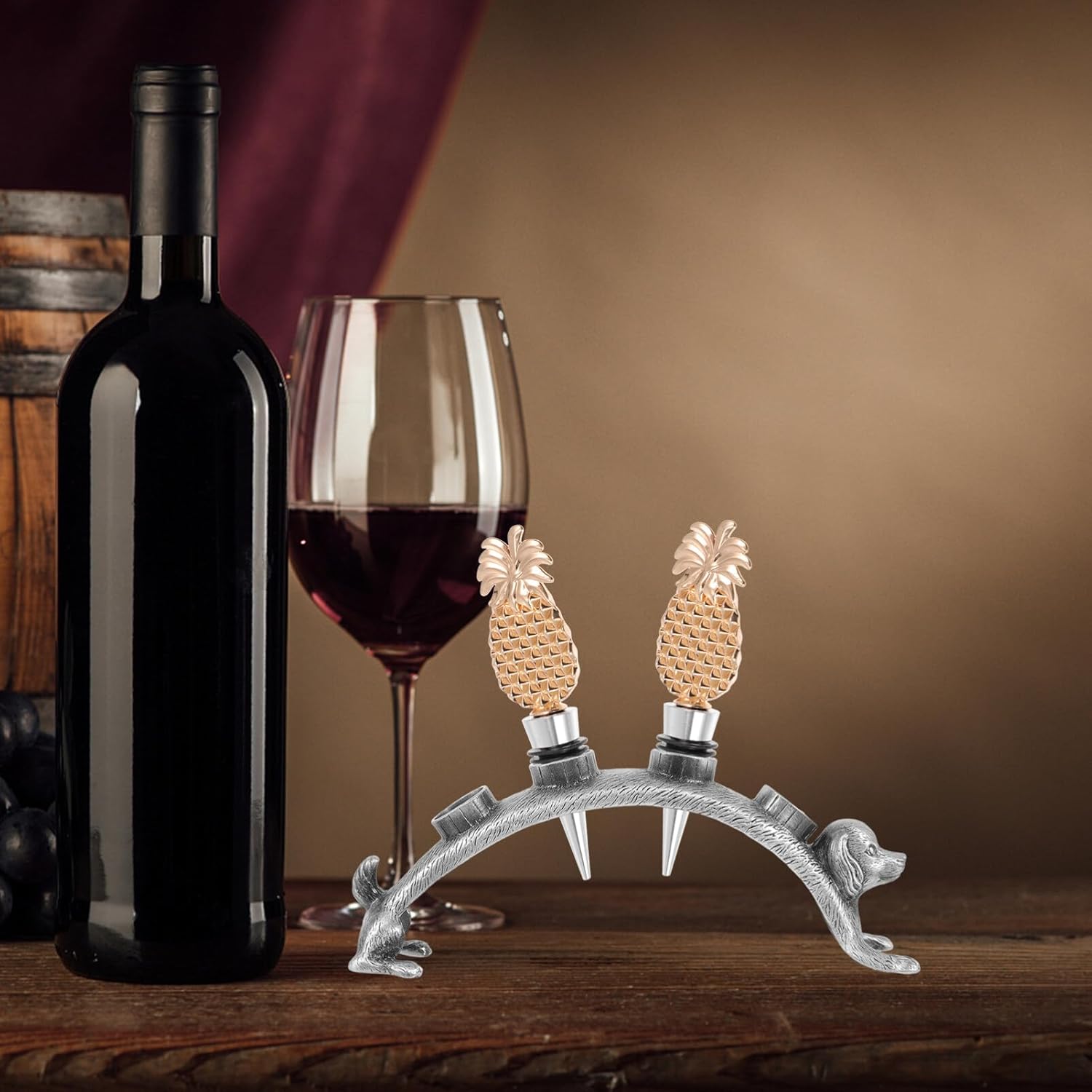 Gadpiparty Soporte de exhibición de mesa Diseño de perro Tapones de vino de 4 agujeros Soporte de tapón de botella Ramo de aleación de botella de