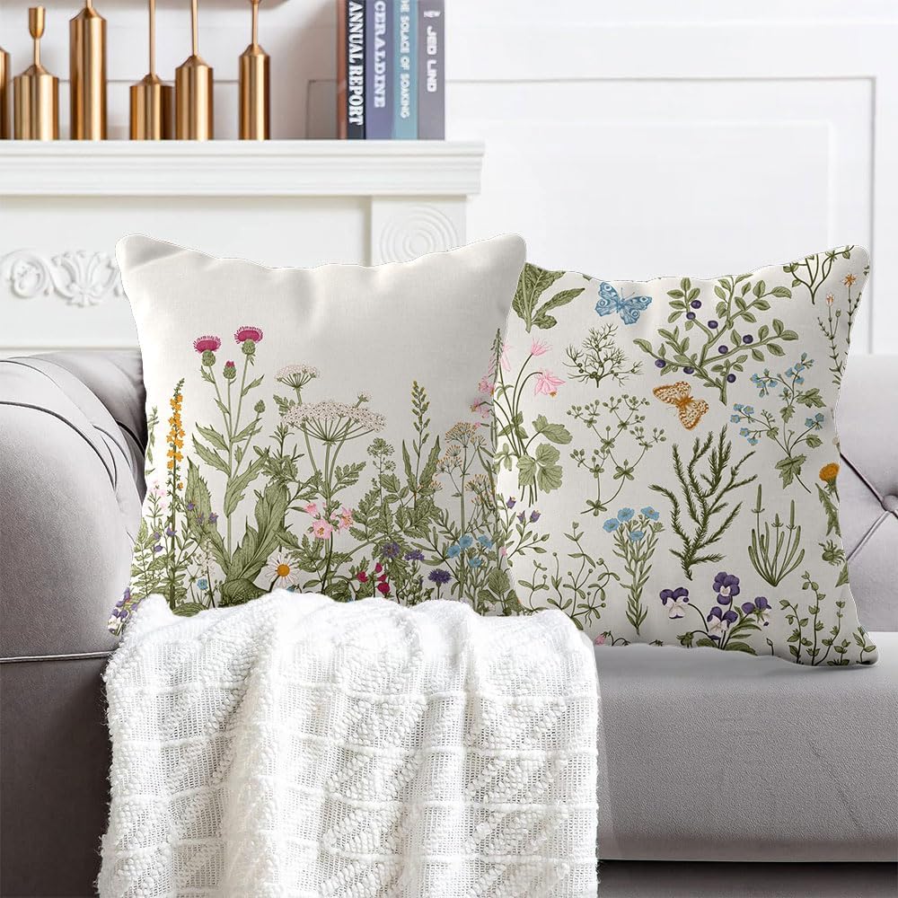 Funda de almohada floral de flores, hierbas botánicas, flores silvestres, plantas de jardín, acuarela, floral, hojas verdes salvia, ropa de cama