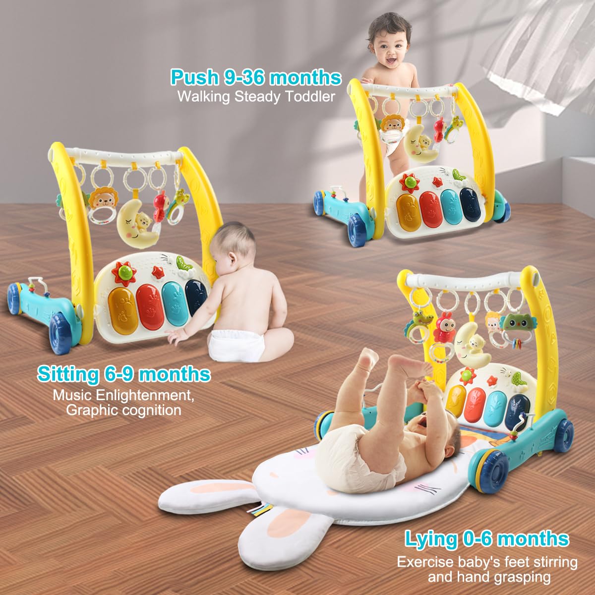 Tapete de juego para bebé, piano para patear y jugar, gimnasio de actividades para bebés, con 5 etapas inteligentes para aprender juguetes