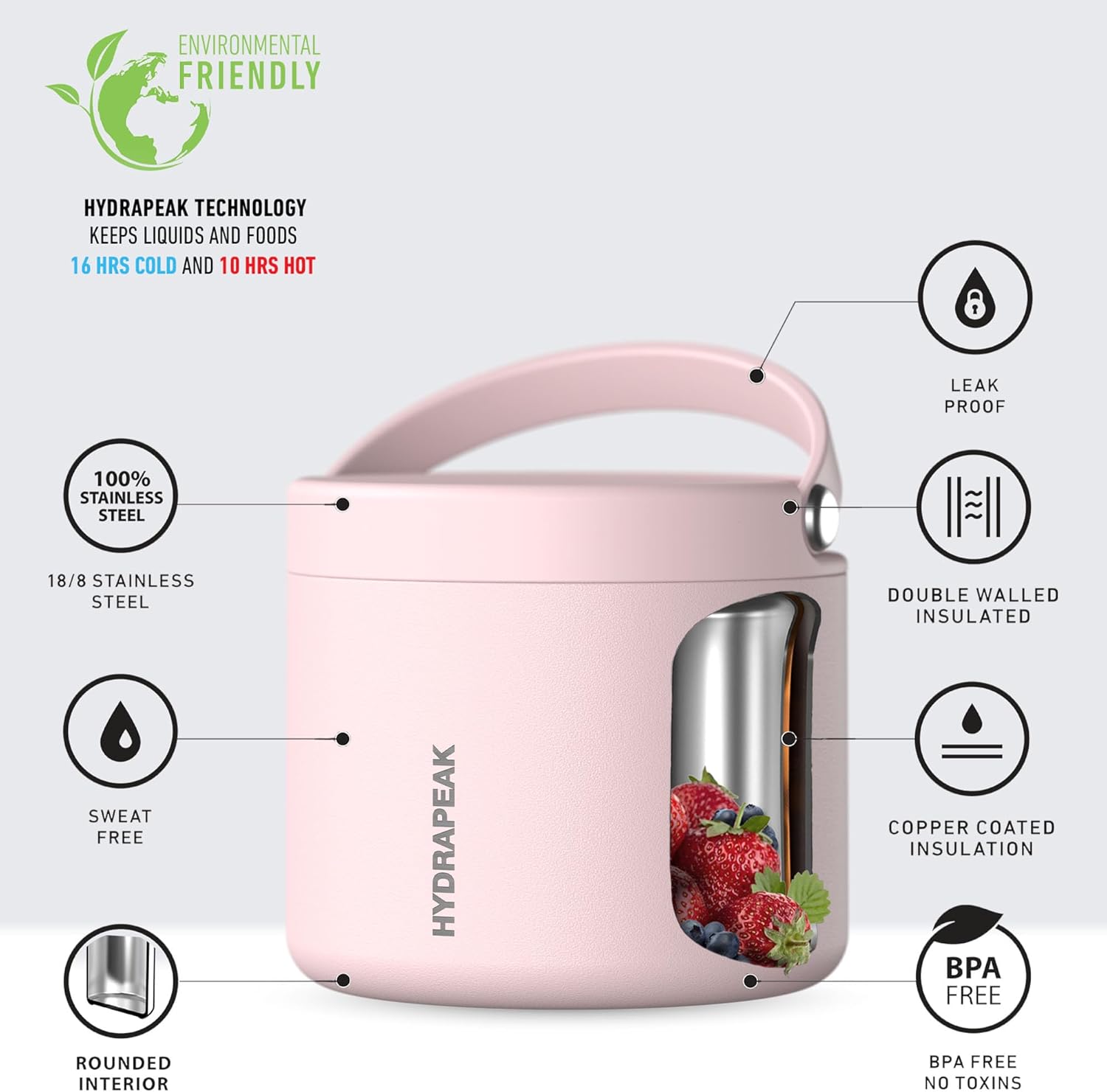 Hydrapeak Termo de acero inoxidable de 18 onzas con aislamiento al vacío, termo para alimentos calientes y alimentos fríos, boca ancha a prueba de