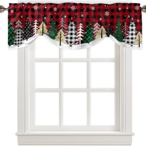 Gogobebe Cortinas de cenefa de amarre para ventana de cocina, diseño de búfalo verde, copos de nieve, color negro, rojo, a cuadros, con bolsillo Gogobebe Cortinas de cenefa de amarre para ventana de cocina, diseño de búfalo verde, copos de nieve, color negro, rojo, a cuadros, con bolsillo