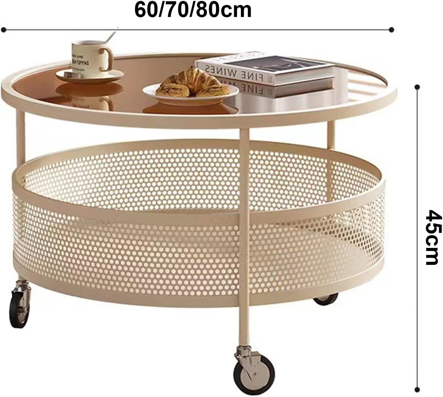 Mesa de centro de cristal con ruedas giratorias, mesa de té redonda de 2 niveles con cesta de almacenamiento hueca de hierro, moderna mesa central