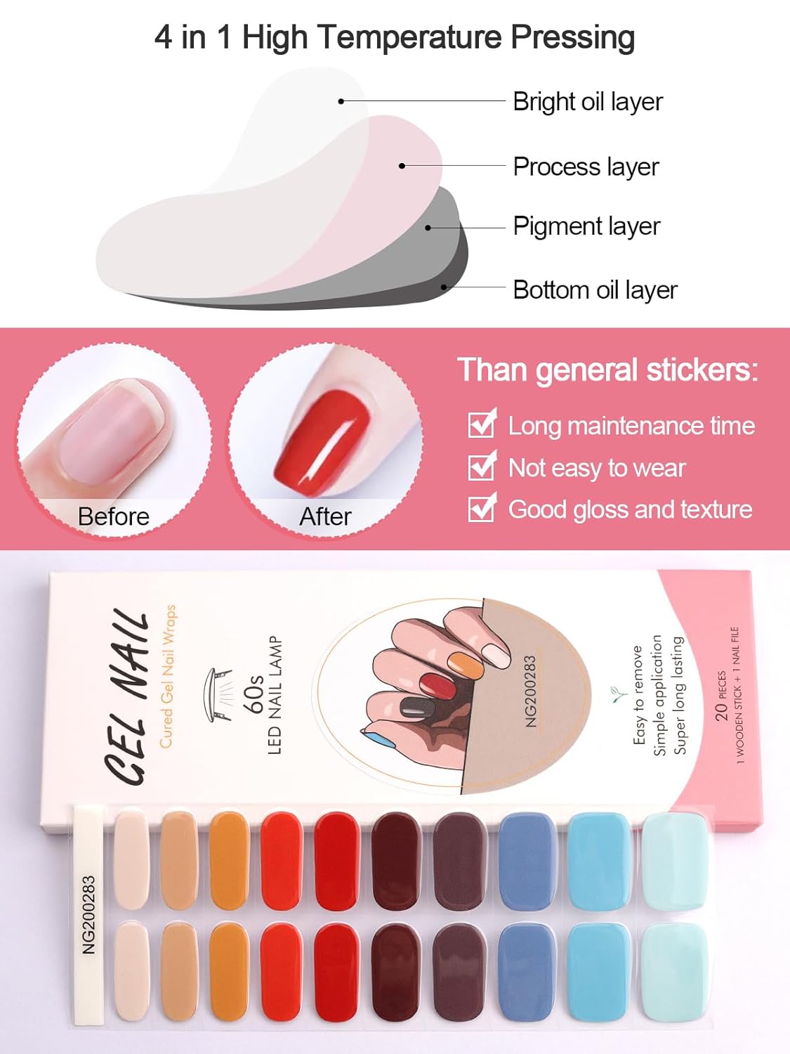 Kalolary 20 tiras de esmalte de uñas de gel, adhesivo de envoltura completa, calcomanías de gel impermeables con lima de uñas y palo (requiere