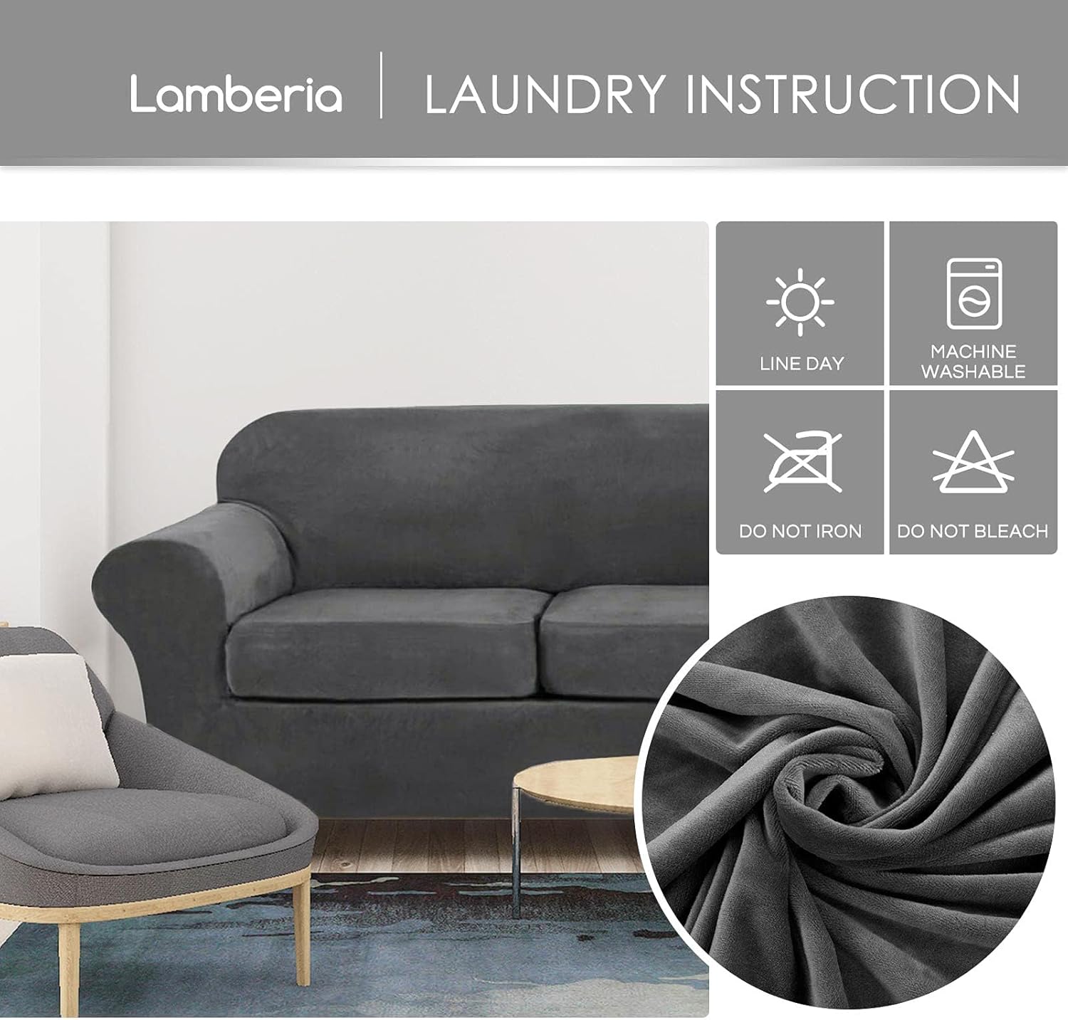 Lamberia – Funda de sofá de alta elasticidad para sofá de 3 cojines, 4 piezas gruesas y lavables, funda de terciopelo de felpa para sofá, funda