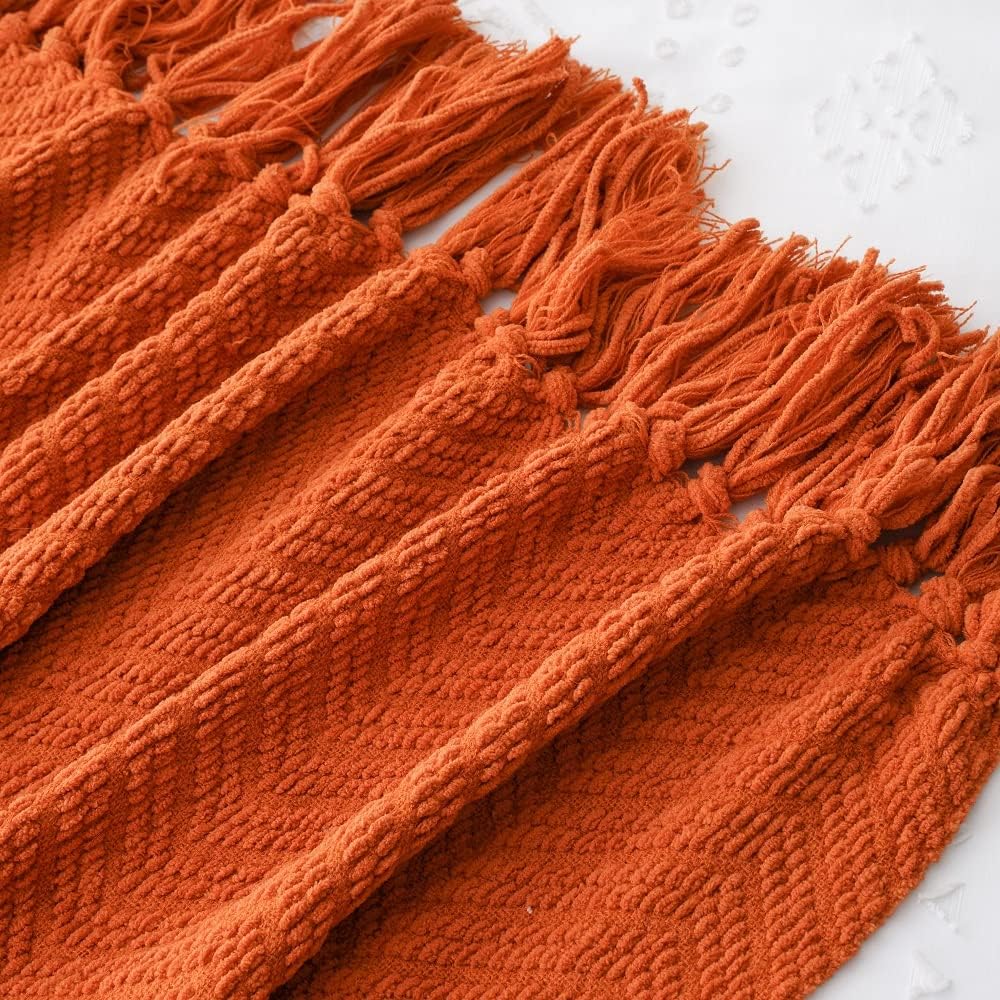 BATTILO HOME Manta naranja quemada para sofá, manta tejida de decoración de otoño versátil para silla, manta decorativa de Halloween con borlas para
