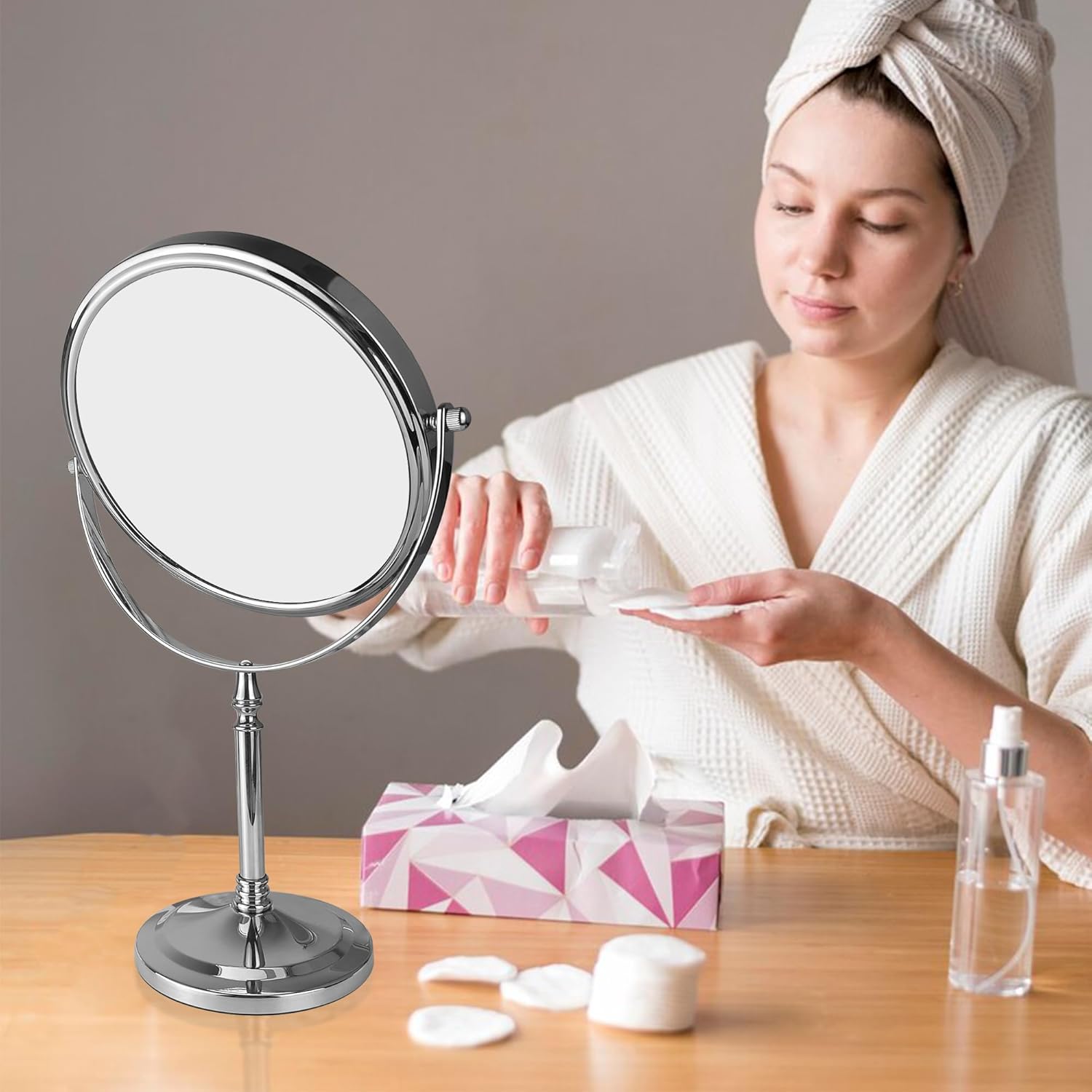 Espejo de maquillaje con aumento 1X10X con soporte, espejo de mesa de doble cara de 7 pulgadas, espejo de tocador con rotación de 360, base
