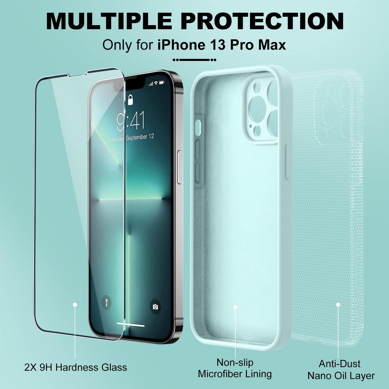 BossKiss Funda compatible con iPhone 13 Pro Max, funda de silicona líquida de alta calidad tacto aterciopelado 2 protectores de pantalla de vidrio