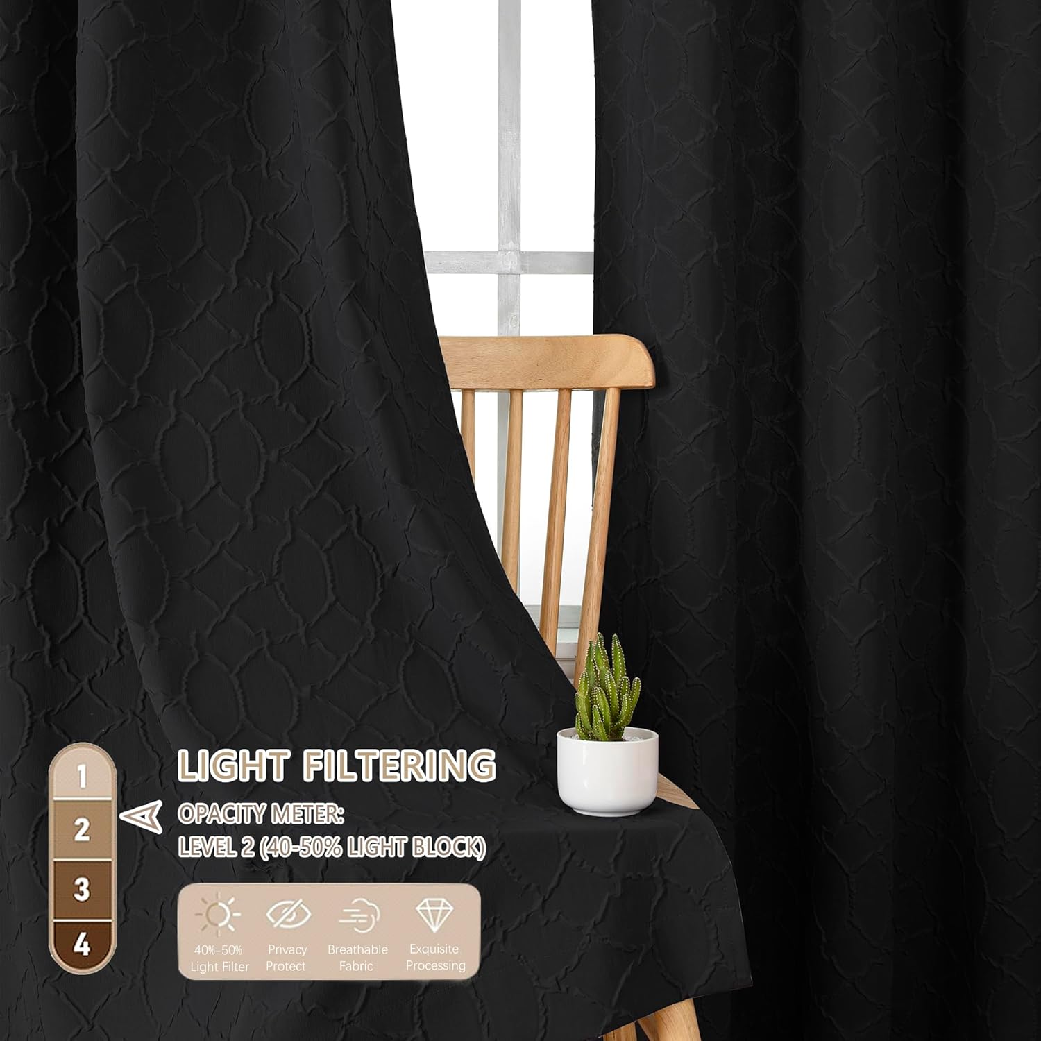 Grace – Cortinas negras filtrantes de luz para sala de estar, juego de 2 paneles de 84 pulgadas de largo, cortinas y paneles de tela suave