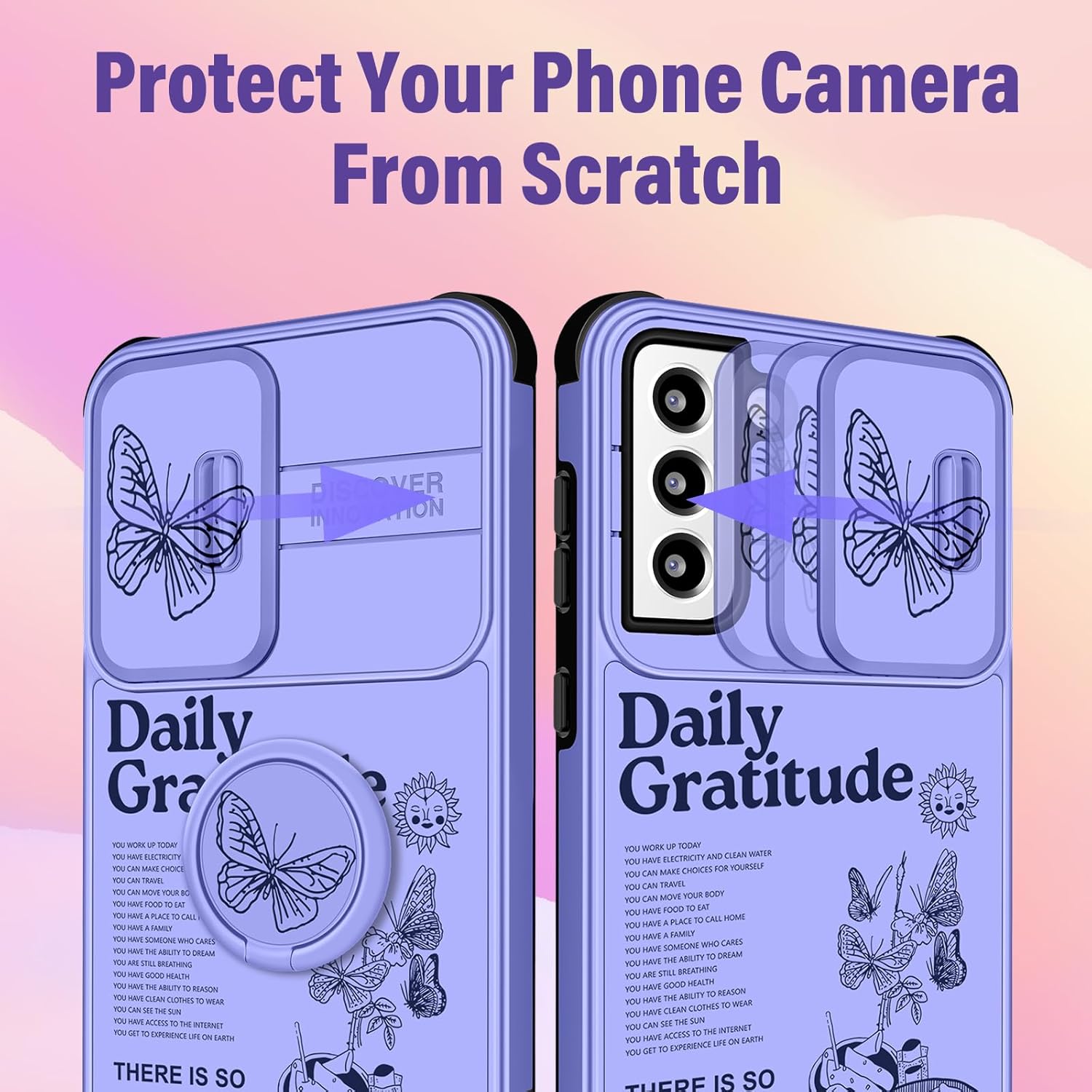 Funda 2 en 1 para Samsung Galaxy S22 Plus para mujeres, bonita funda de mariposa femenina con diseño único de mariposa morada con funda para cámara
