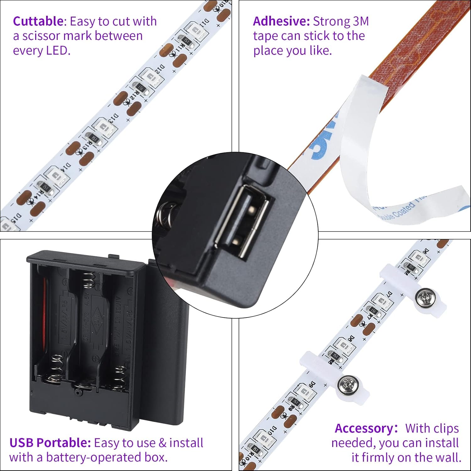 Tira de luz negra de 16.4 pies con enchufe USB + caja de batería, accesorio de luz negra adhesiva de 300 LED, funciona con batería y USB para fiesta