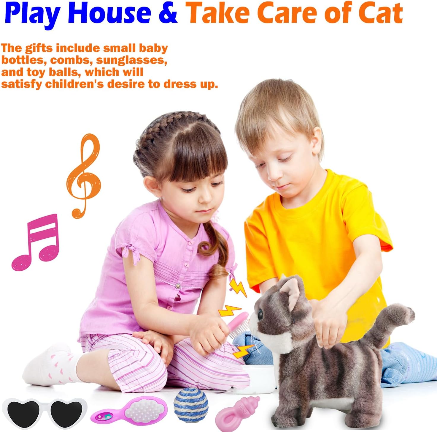 Juego de gato con correa gris que camina cantando que ronronea y maulla, robot de peluche animado, gatito en movimiento, animal de peluche realista