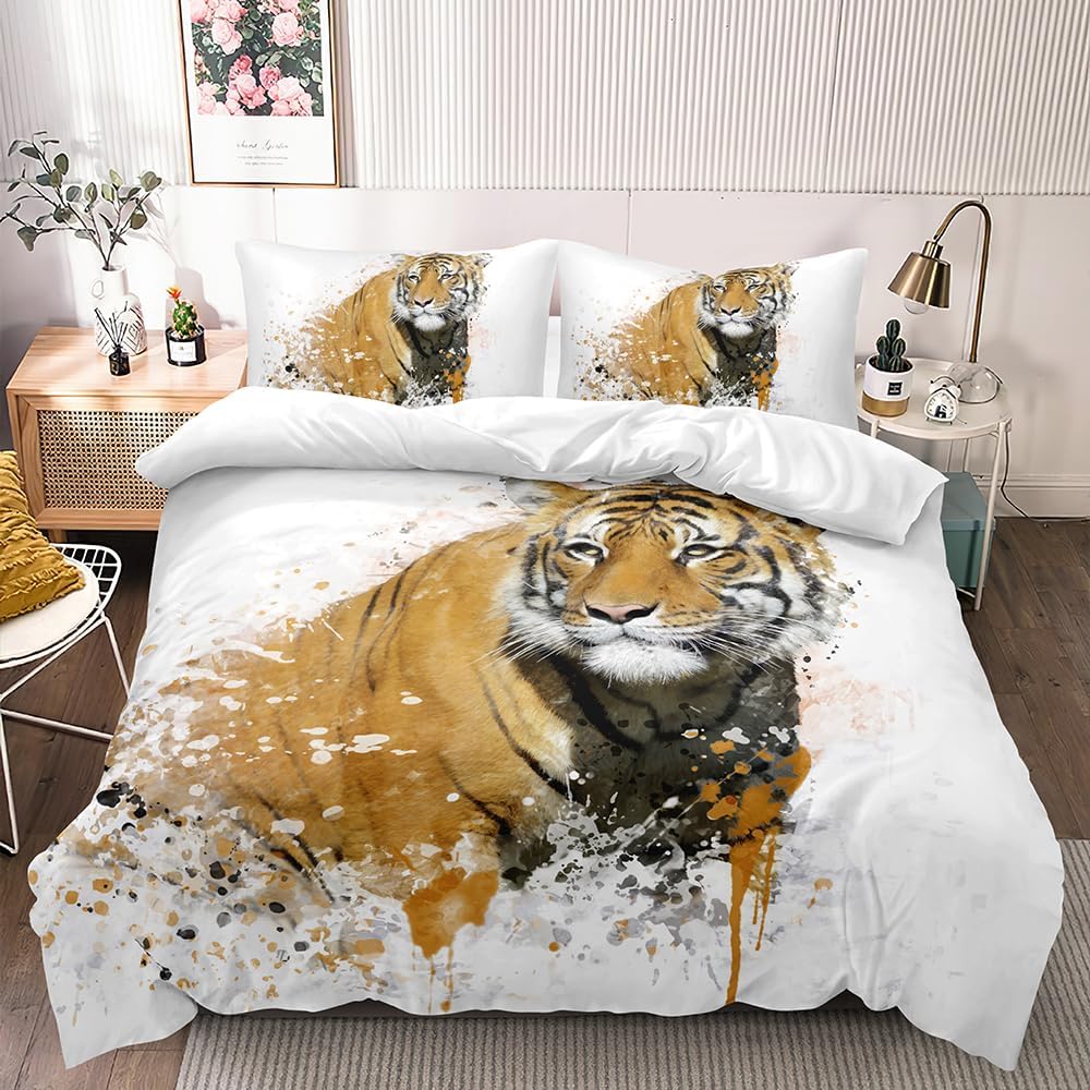 Juego de funda de edredón de tigre marrón, tamaño King, funda de edredón con estampado de animales para niños, niñas y niños, decoración de