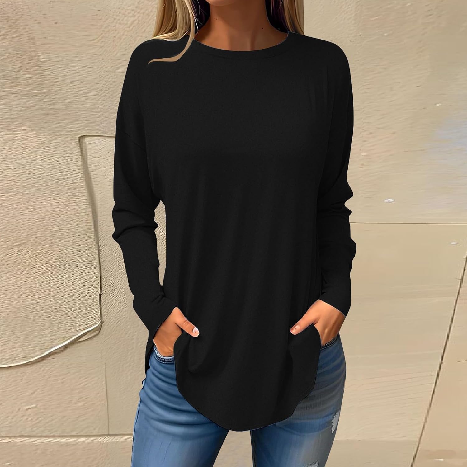Blusas para mujer, de negocios, casual, de manga larga, cuello redondo, camisetas gráficas de gran tamaño, camisetas de otoño 2023, túnica de moda