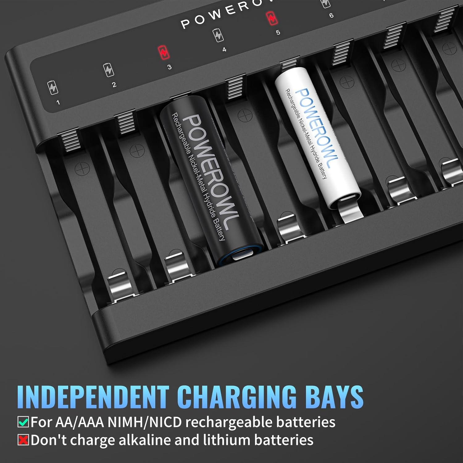 POWEROWL Cargador de batería AA AAA 8 bahías, ranura independiente, carga rápida USB para baterías recargables Ni-MH Ni-CD