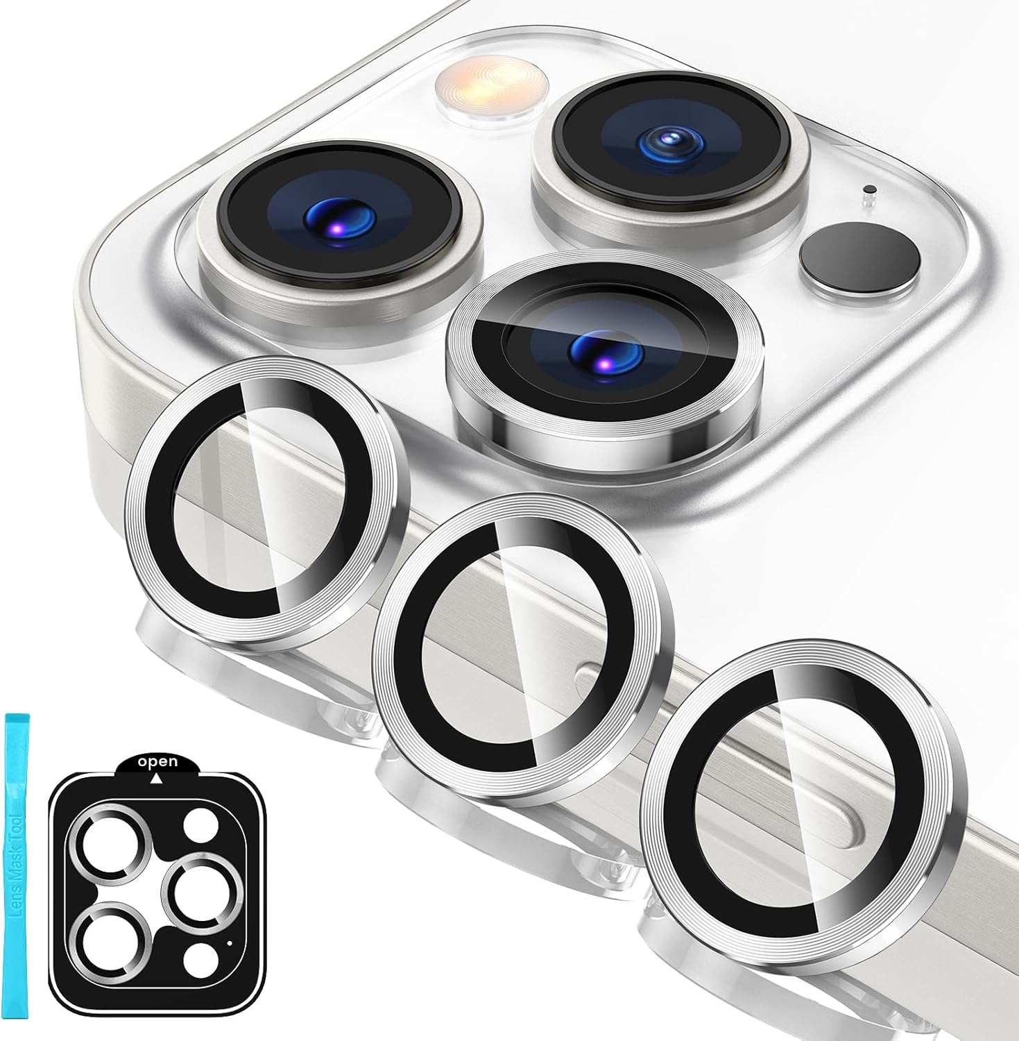 Tensea Protector de lente de cámara para iPhone 15 ProiPhone 15 Pro Max, protector de pantalla de vidrio templado 9H, anillo individual de metal