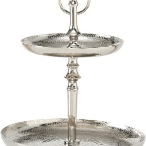 Grand Hotel – Bandeja redonda de metal para tartas con 2 niveles, herramientas martilladas e incisas, aluminio plateado pulido, estilo lujoso, base Grand Hotel – Bandeja redonda de metal para tartas con 2 niveles, herramientas martilladas e incisas, aluminio plateado pulido, estilo lujoso, base