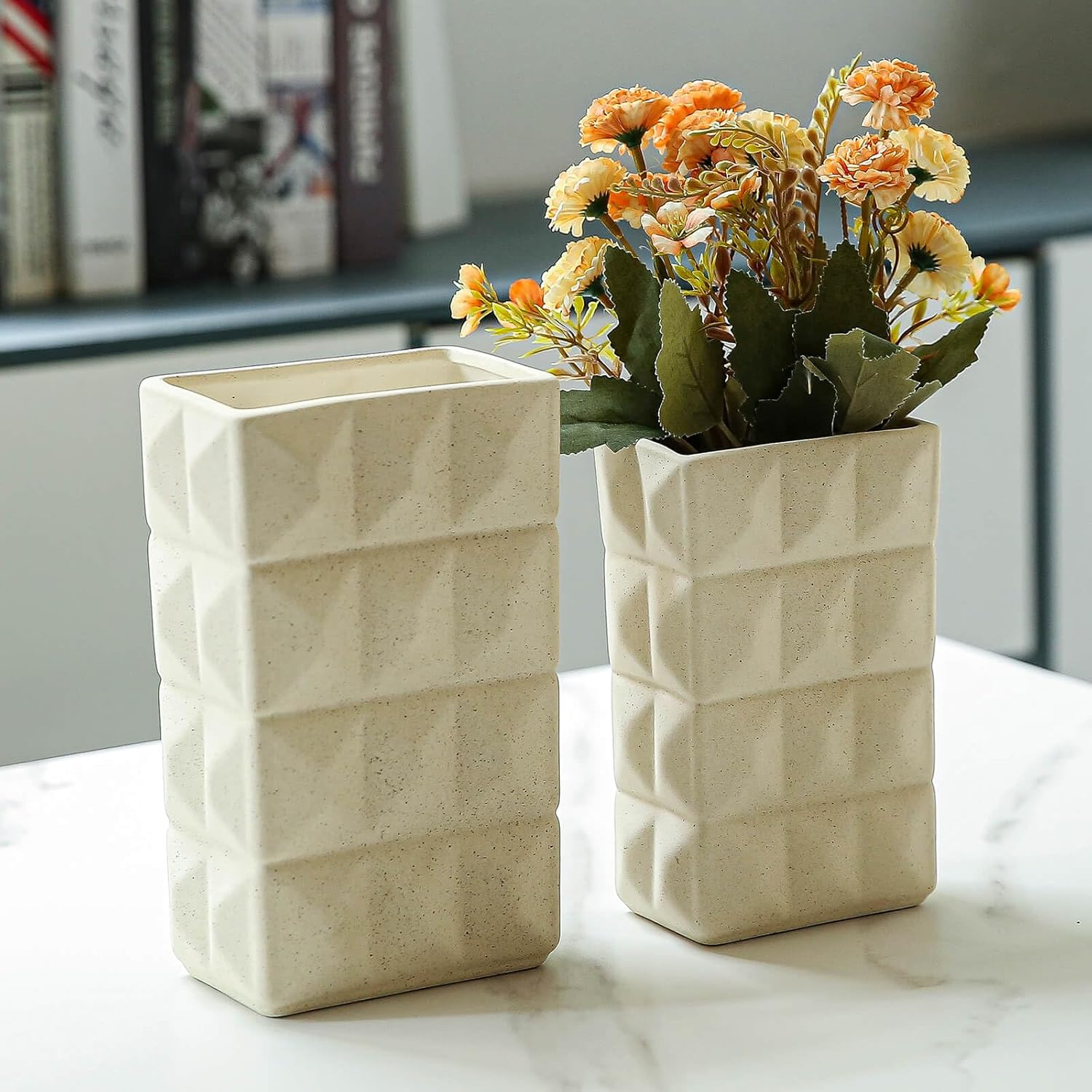 Porceluxe Jarrón de cerámica para decoración, juego de 2 jarrones modernos pesados hechos a mano, jarrón decorativo para flores, ideal para bodas,