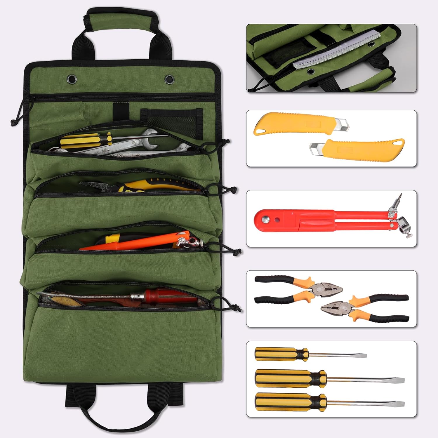Koolertron Organizador de bolsa de herramientas enrollable, bolsa de almacenamiento de herramientas para múltiples herramientas, 4 cremalleras, lona