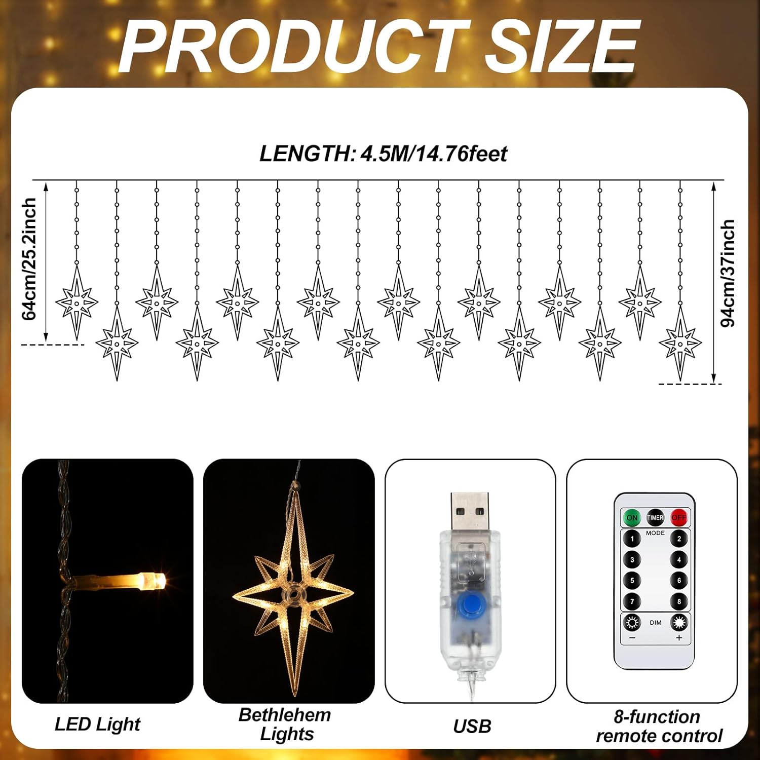 VIHOSE Guirnalda de luces de cortina de estrellas de Navidad, 138 LED, 16 luces Polaris para ventana, enchufables con 8 modos de luces colgantes