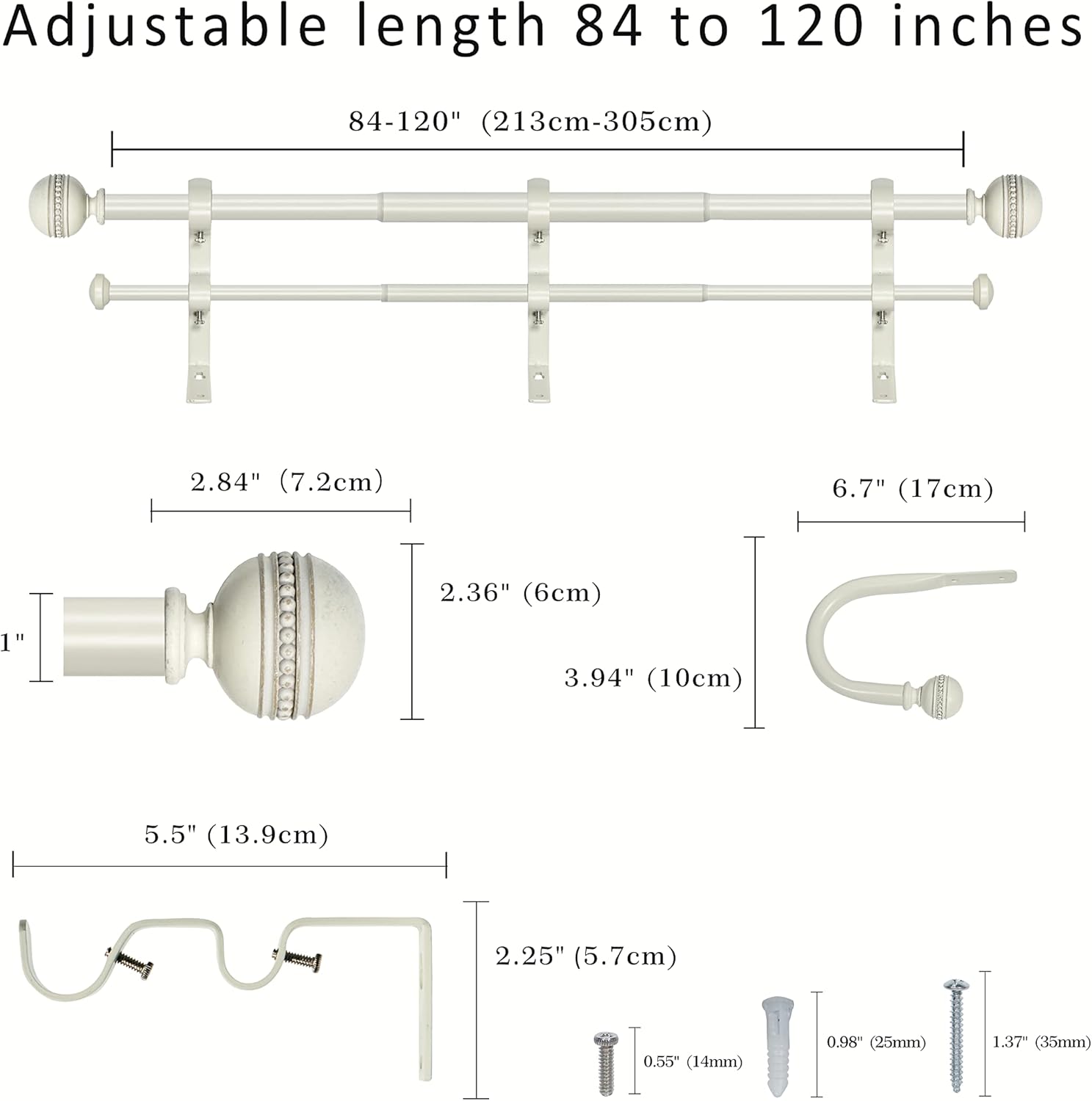 Barra de cortina doble de 1 pulgada con remates y retenes, blanco envejecido, 84-120 pulgadas