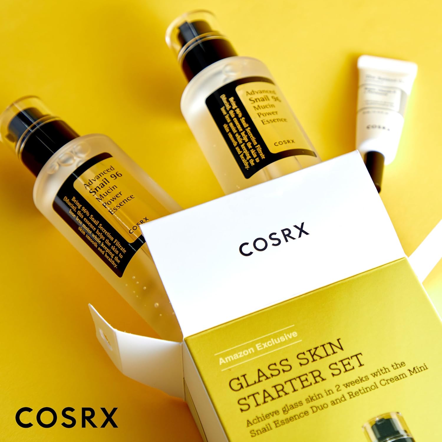 COSRX Juego de iniciación de Glass Skin para principiantes, Advanced Snail 96 Mucin Power Essence (3.38 onzas líquidas x 2) y Retinol 0.1 Cream Mini