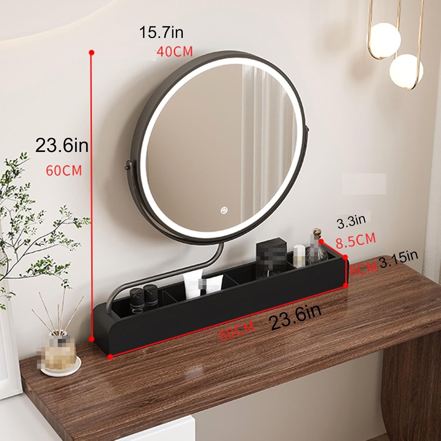 GOYUXV Espejo de maquillaje inteligente de madera maciza, espejo de tocador LED giratorio, espejo grande de escritorio, caja de almacenamiento de