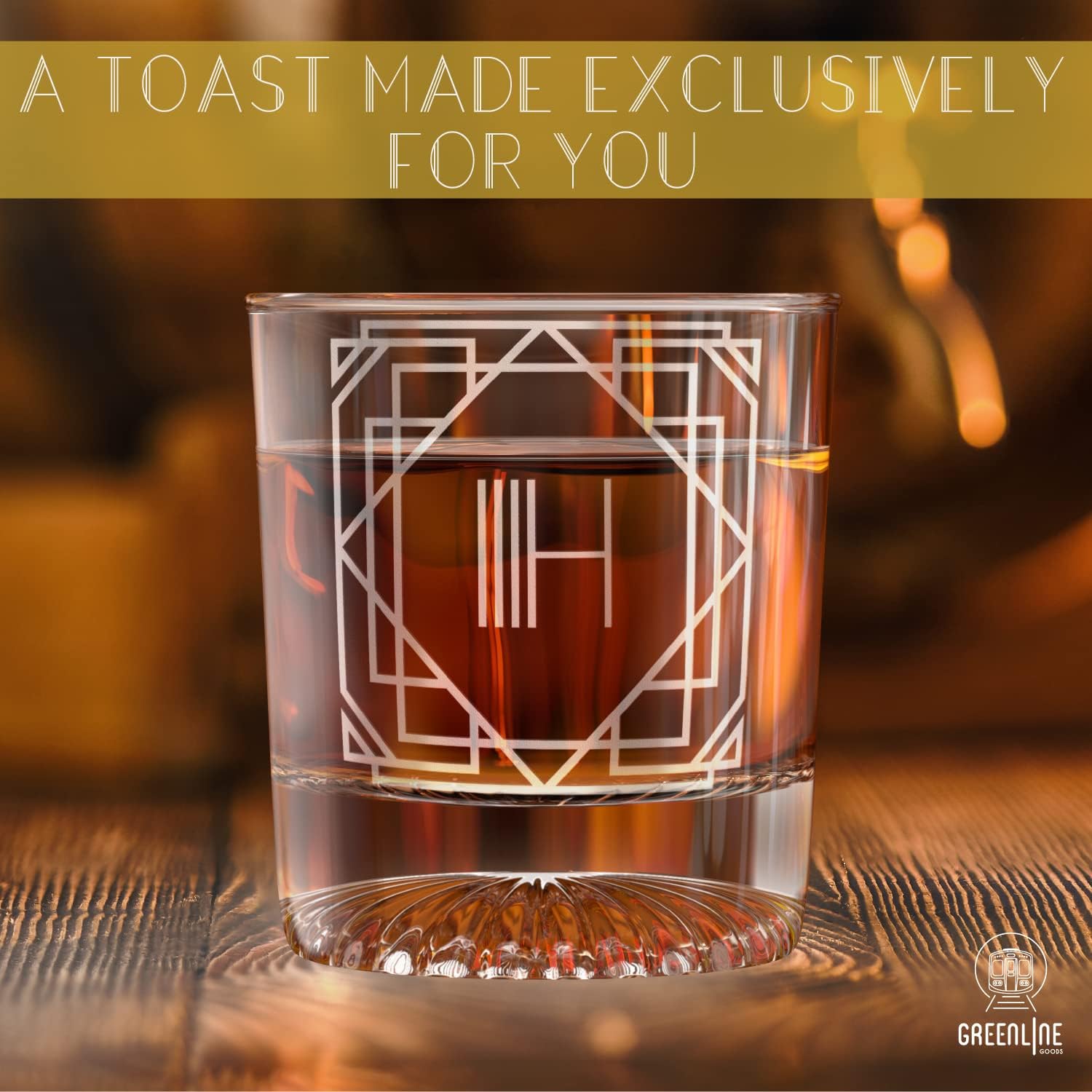 Greenline Goods – Monograma Art Deco Letra H Grabada Copa de whisky Perfecto para Bourbon, Scotch, Licor, Cóctel – Juego de 4 vasos de whisky de