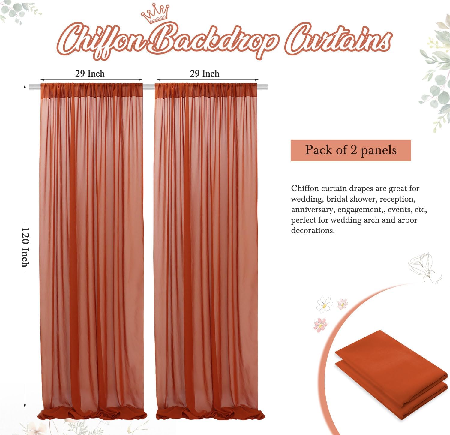 Terracotta Sheer Curtains Chiffon Backdrop Curtain Wedding Drapes Rustic Arch Decorations Voile Window Curtain 29×120 Inch 2 Panels Semi Sheer