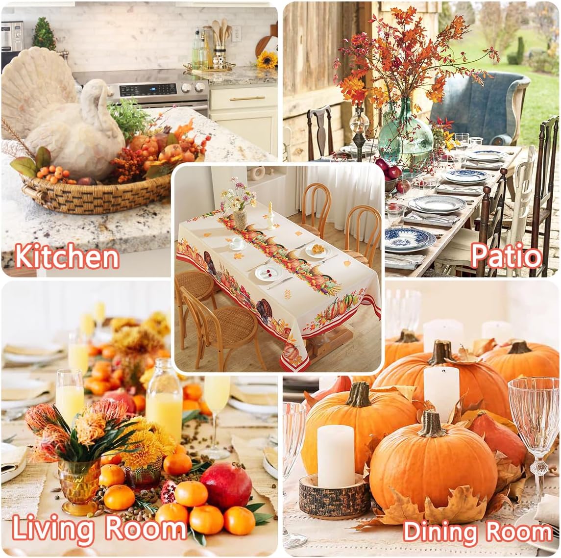 SASTYBALE Mantel rectangular de Acción de Gracias, a prueba de derrames, con estampado de pavo y calabaza, mantel decorativo para otoño, cosecha y