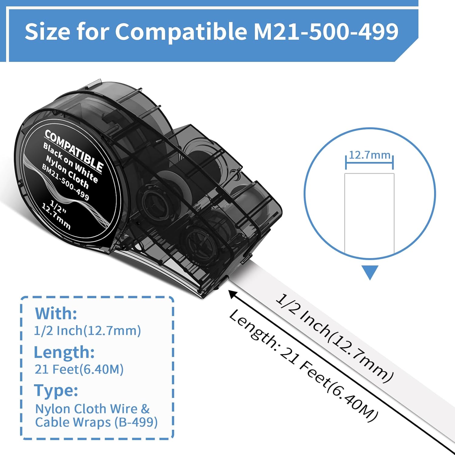 MarkDomain Cinta de etiquetas de nailon compatible M21-500-499 de 12 pulgada de uso múltiple funciona con BMP21-PLUS, BMP21-LAB0, M210, M211,