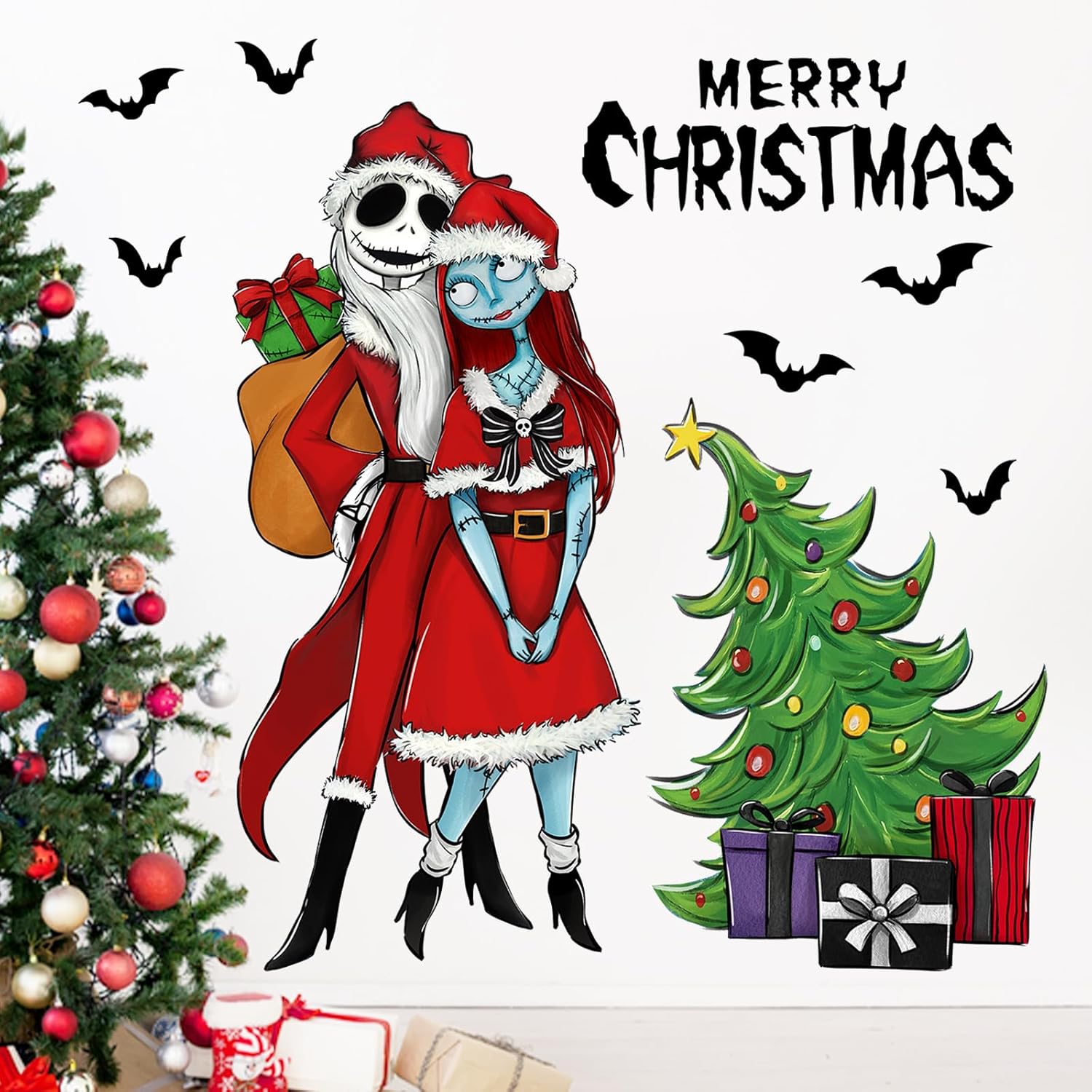 Mfault Calcomanías de pared con texto en inglés Merry Christmas Nigh.tmare BEF.ore, Jack Skellington Sally, árbol de Navidad, cráneo, murciélagos,