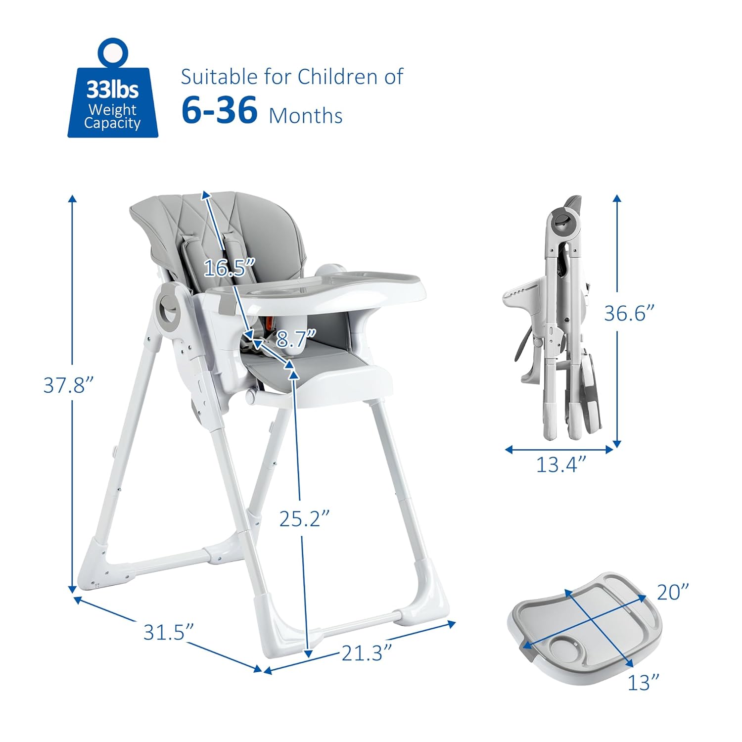 Babevy Sillas altas para bebé, multifuncionales para bebés con altura ajustable y reclinable, silla alta plegable para bebé con bandeja extraíble,