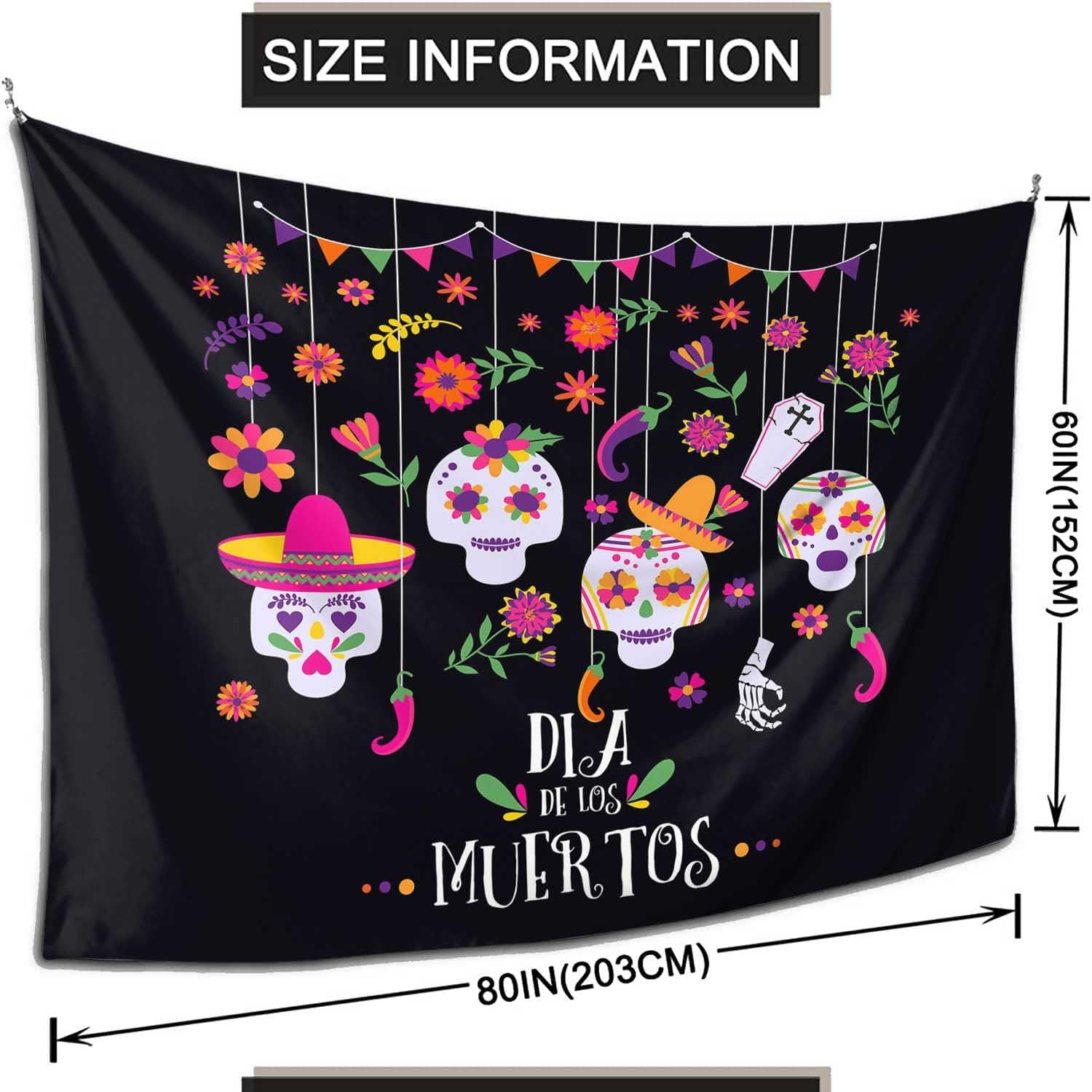 Pznen Tapiz del Día de los Muertos para colgar en la pared, diseño de calavera con diseño de flores, fondo negro grande, 60 x 80 pulgadas, fondo