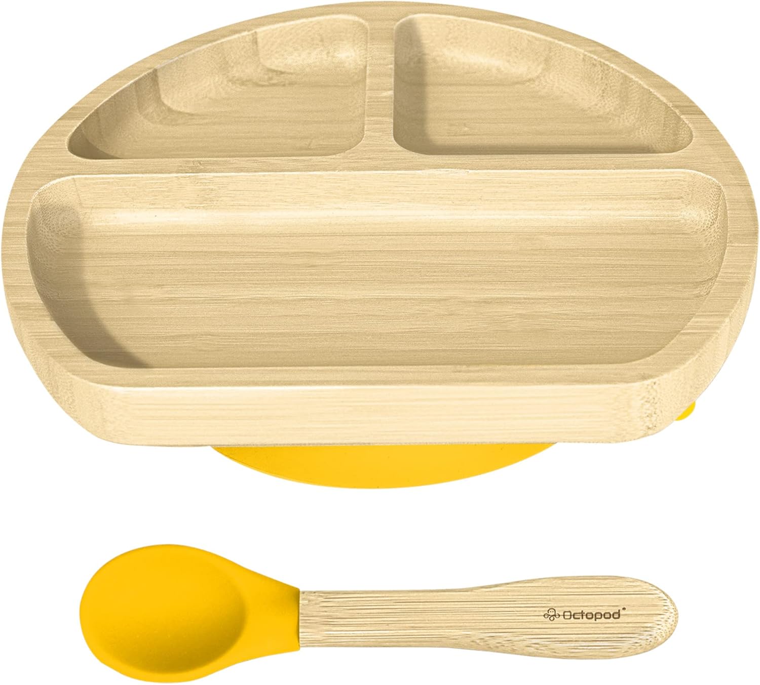 Abiie Octopod – Plato de bambú para niños de 4 meses en adelante, platos para bebés de 3 compartimentos con succión, plato triangular de bambú para