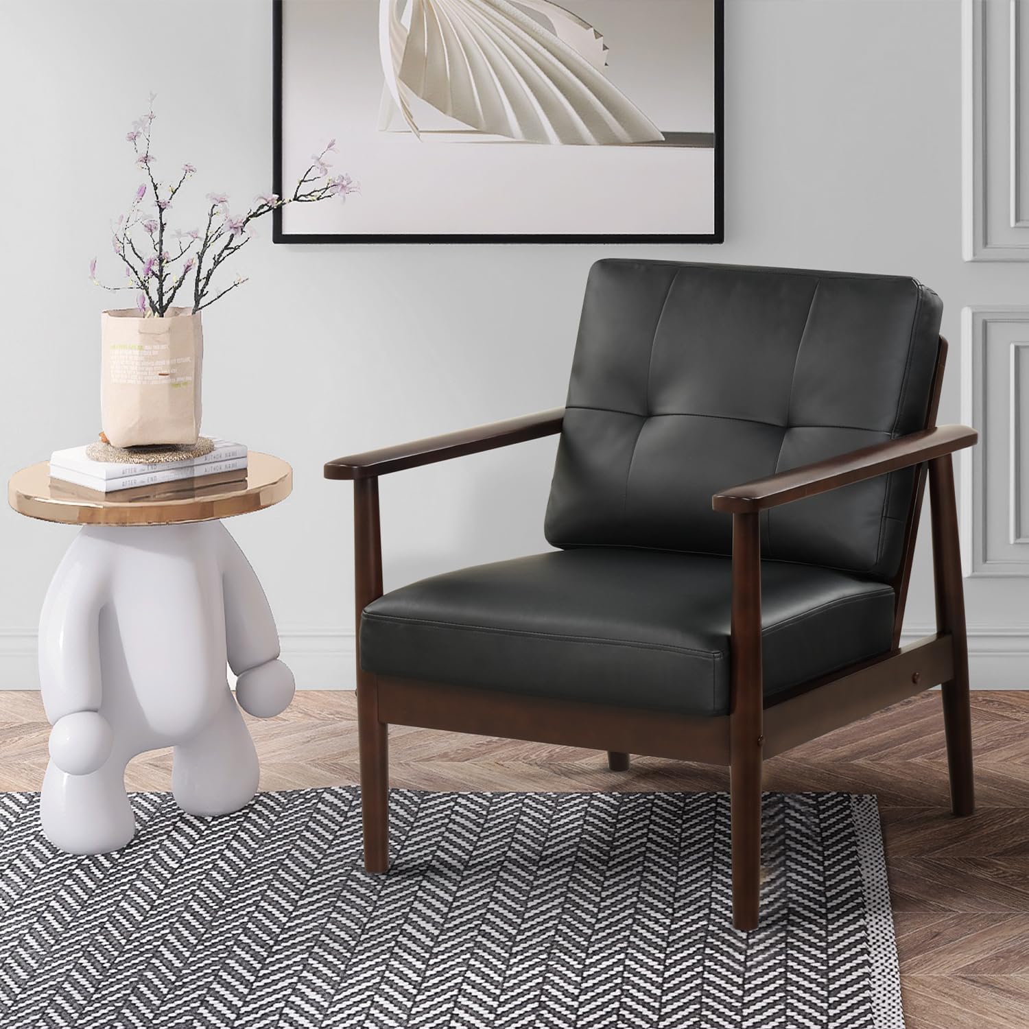 TYBOATLE Sillas decorativas retro modernas de mediados de siglo, sillón tapizado de piel sintética con marco de madera maciza y cojines extraíbles,
