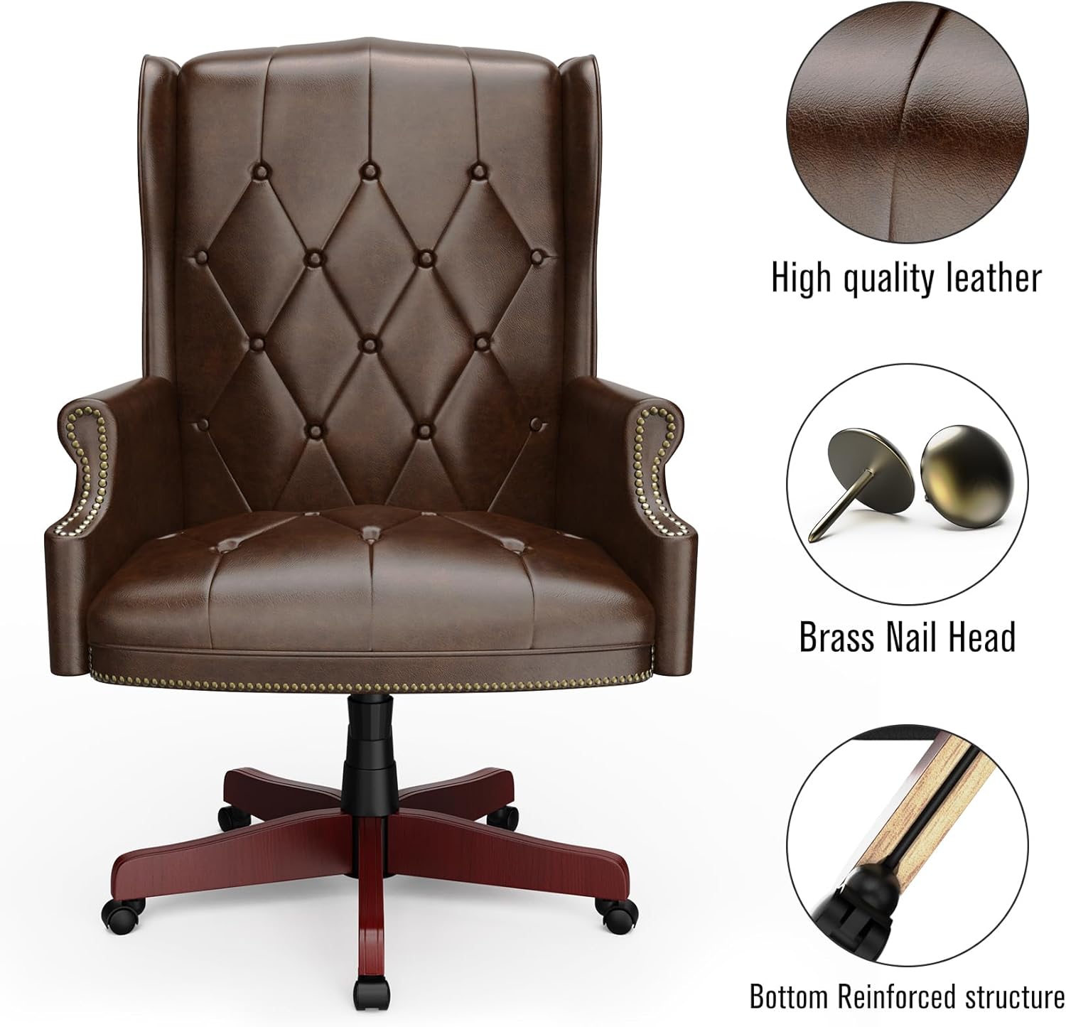 Silla de oficina ejecutiva de cuero con respaldo alto, 330 libras, diseño ergonómico, asiento y respaldo acolchados gruesos, con botones,